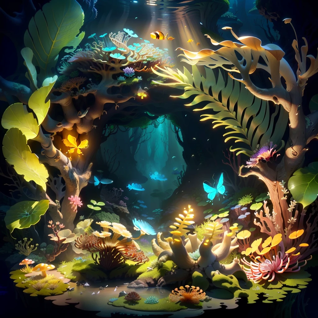 masterpiece ant nest, lionfish ant nest, under the sea, best quality, (extremely detailed 8k unity CG wallpaper), (best quality), (best illustration), (beautiful shadow  most),（mushroom ant nest covered with moss）, (((fog))),（timbo）, （creek）, fireflies, clover, ambient light petals, isometric  3D, octane rendering, ray tracing, extremely detailed