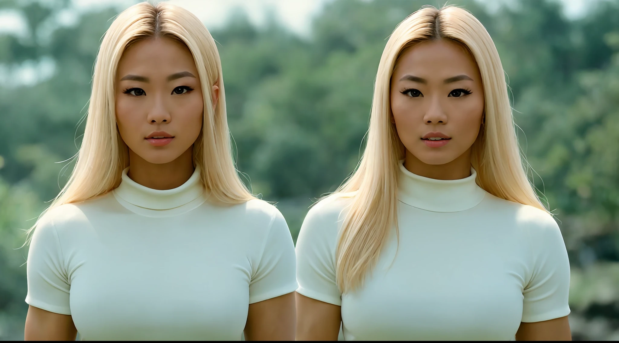 a beautiful young Asian woman with blond hair and a bodybuilder physique, huge breasts, wearing a white turtle neck shirt, cinematic medium close-up portrait, Key light, backlight, natural lighting, photography 400 ISO film grain 30mm lens RAW aperture f1.8, art photographer, movie still poster from Lord of the Rings, medium intricate print, choker