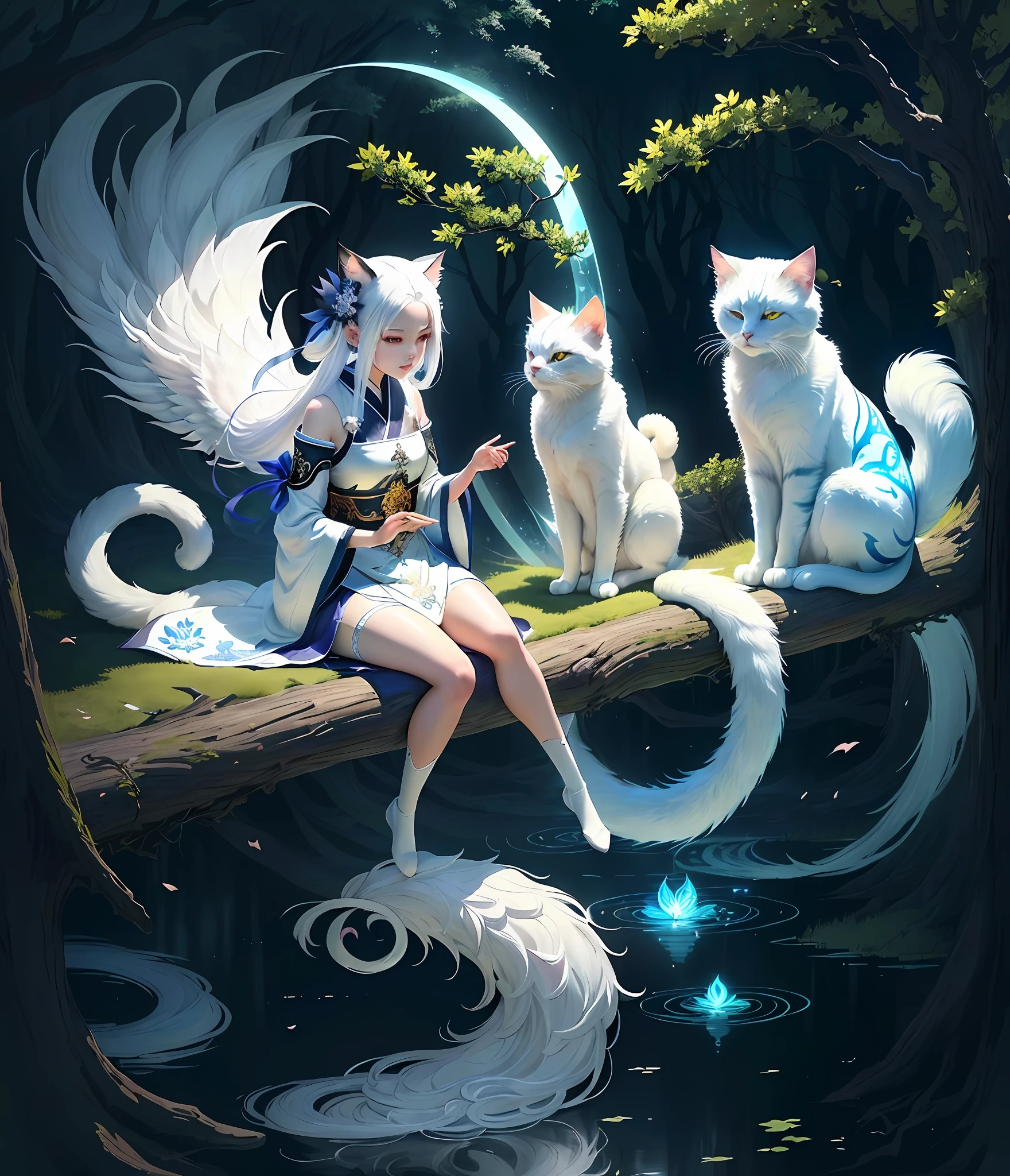 Painting of a cat with white hair sitting on a branch, ethereal cat, nine-tailed cat, Onmyoji detailed art, nine-tailed cat, beautiful artwork illustration, mythical creature, white cat, beautiful digital artwork, exquisite digital illustration, mizutsune, inspired by mythical creature wildnet, digital art on pixiv, bright light, high contrast, horror movie theme, dark atmosphere