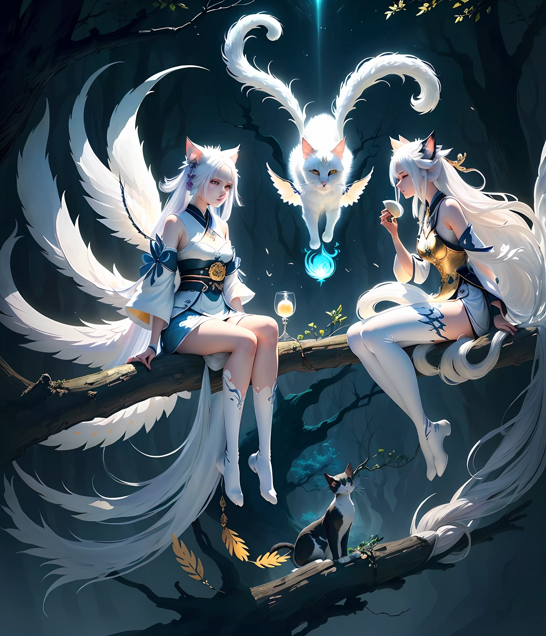 Painting of a cat with white hair sitting on a branch, ethereal cat, nine-tailed cat, Onmyoji detailed art, nine-tailed cat, beautiful artwork illustration, mythical creature, white cat, beautiful digital artwork, exquisite digital illustration, mizutsune, inspired by mythical creature wildnet, digital art on pixiv, bright light, high contrast, horror movie theme, dark atmosphere