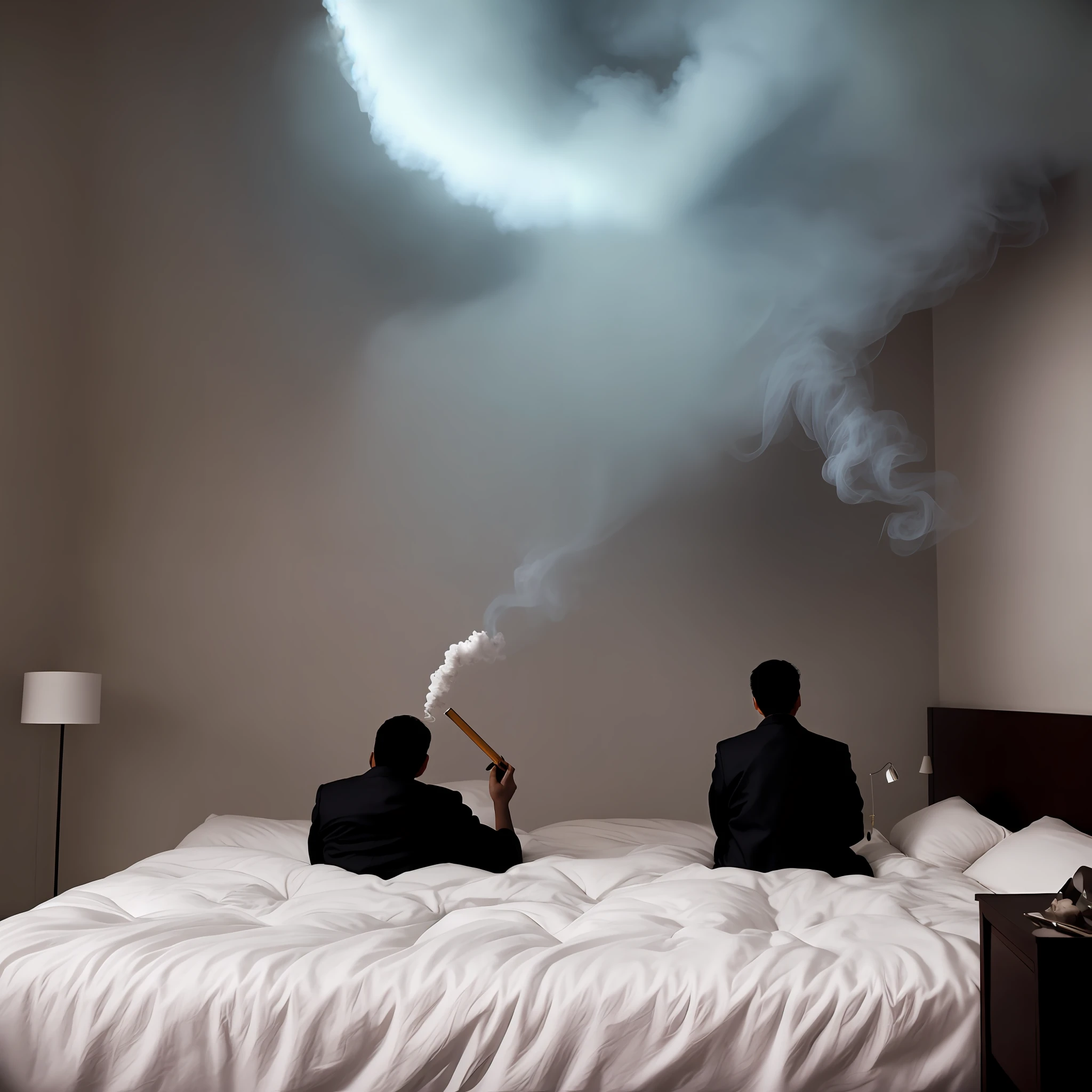smoke billowing from a cloud above two men sitting on a bed, smoke filled room, smoke under the ceiling, smokey room, hugh kretschmer, surreal object photography, blowing out smoke, they are smoking, smoke fills the room, detailed conceptual photography, inspired by Storm Thorgerson, surreal scene, smoke, erik johansson, white smoke atmosphere