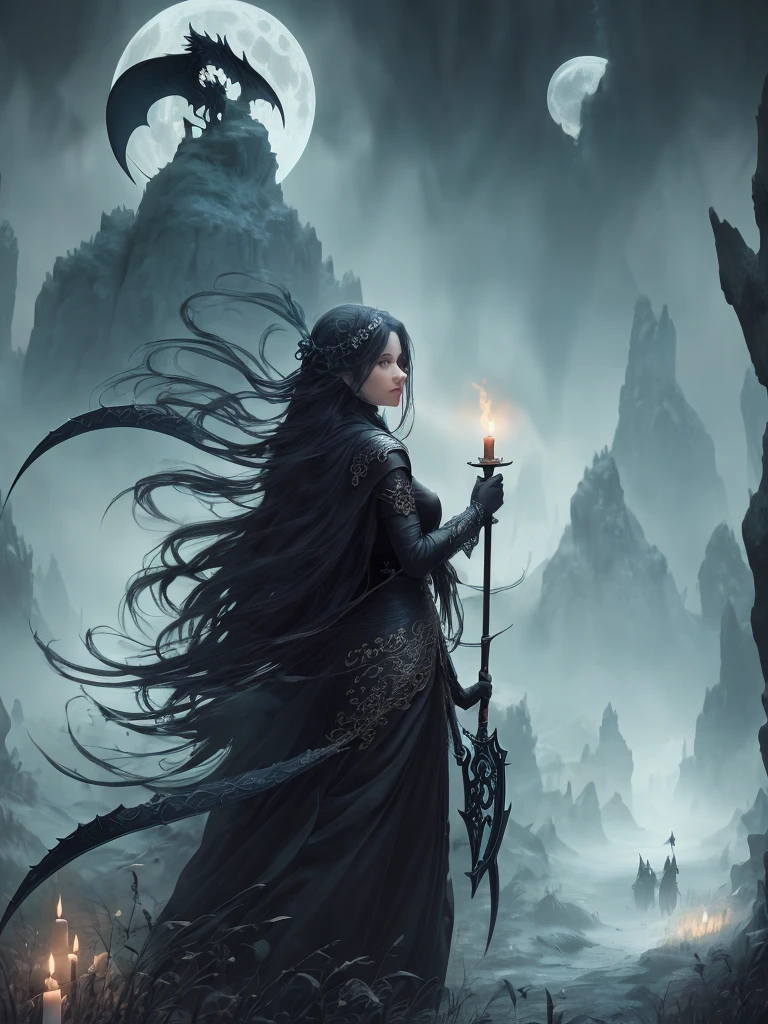 there is a woman holding a large scythe with a candle in her hand, dark fantasy style art, in style of dark fantasy art, goddess of the hunt and the moon, fantasy art behance, elfic priestess, portrait of a norse moon goddess, elegant cinematic fantasy art, dark fantasy art, dark fantasy illustration, realistic fantasy illustration, A mystical Scythe adorned with magical runes, Conveying a sense of mysticism and enchantment, Enigmatic and otherworldly, Unconventional angle, Fine art long exposure, Candlelight and soft glow, Intense color grading, Digital, Shallow depth of field, Prime lens, Dusk, Panning shot, Enchanted forest, Fantasy, intricate details, good anatomy, perfectly drawn, Insane detailed, 4k, cinema 4d rendered, surrealism, illustration, magical, trending on Artstation, color sharding, titanium, cinematic lighting, realistic lighting, low angle, Cinema4D rendering, highly detailed, hyper-realistic, film photography, ultra realistic, detailed, Alternative