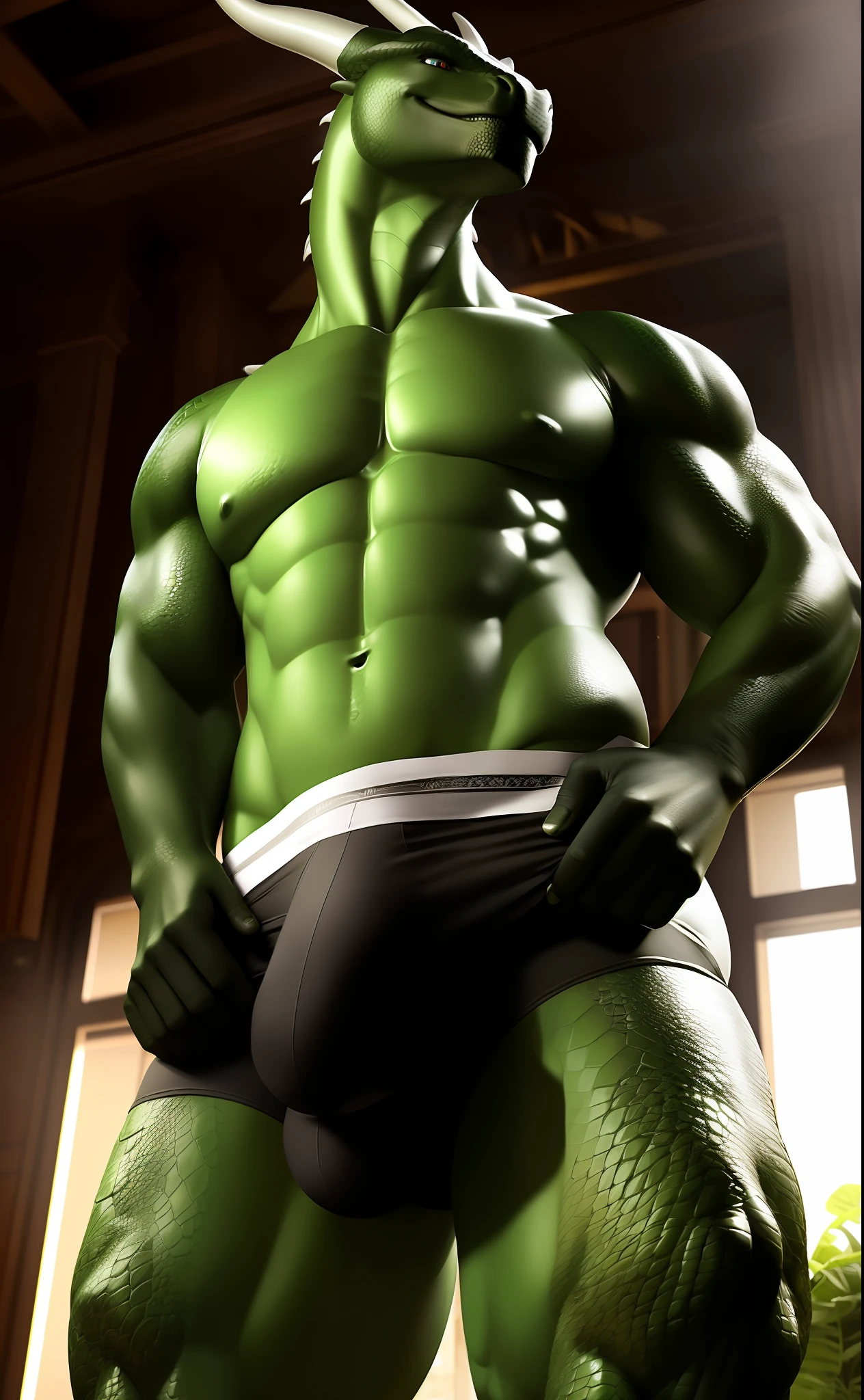 ((ultra realistic, masterpiece, cinematic lighting, extreme detail, realistic detailed scale, realistic shaders)), (dragon), with head and belly with green scales, arms and legs with black scales, antrum, pose, (smiling, beautiful), (detailed face, detailed eyes), front view, full body, (large pectorals), (top clothing), (briefs briefs), detailed background, tight underwear, large bulge, small dragon claws, detached bulge, dragon's tail, (venous muscles), erection inside underwear