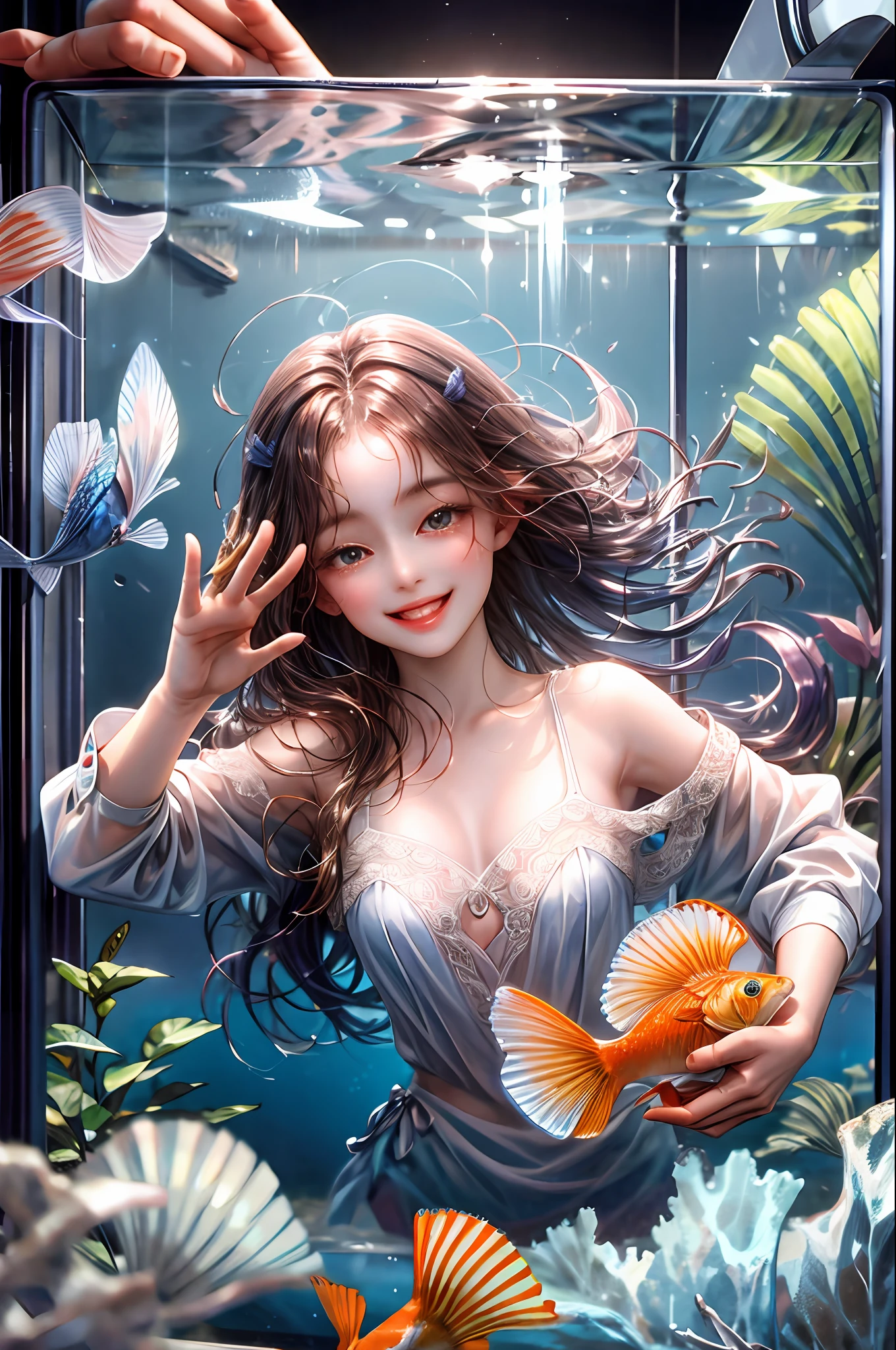 00:21:02
A girl smiling happily seeing her pet fish in a fish tank