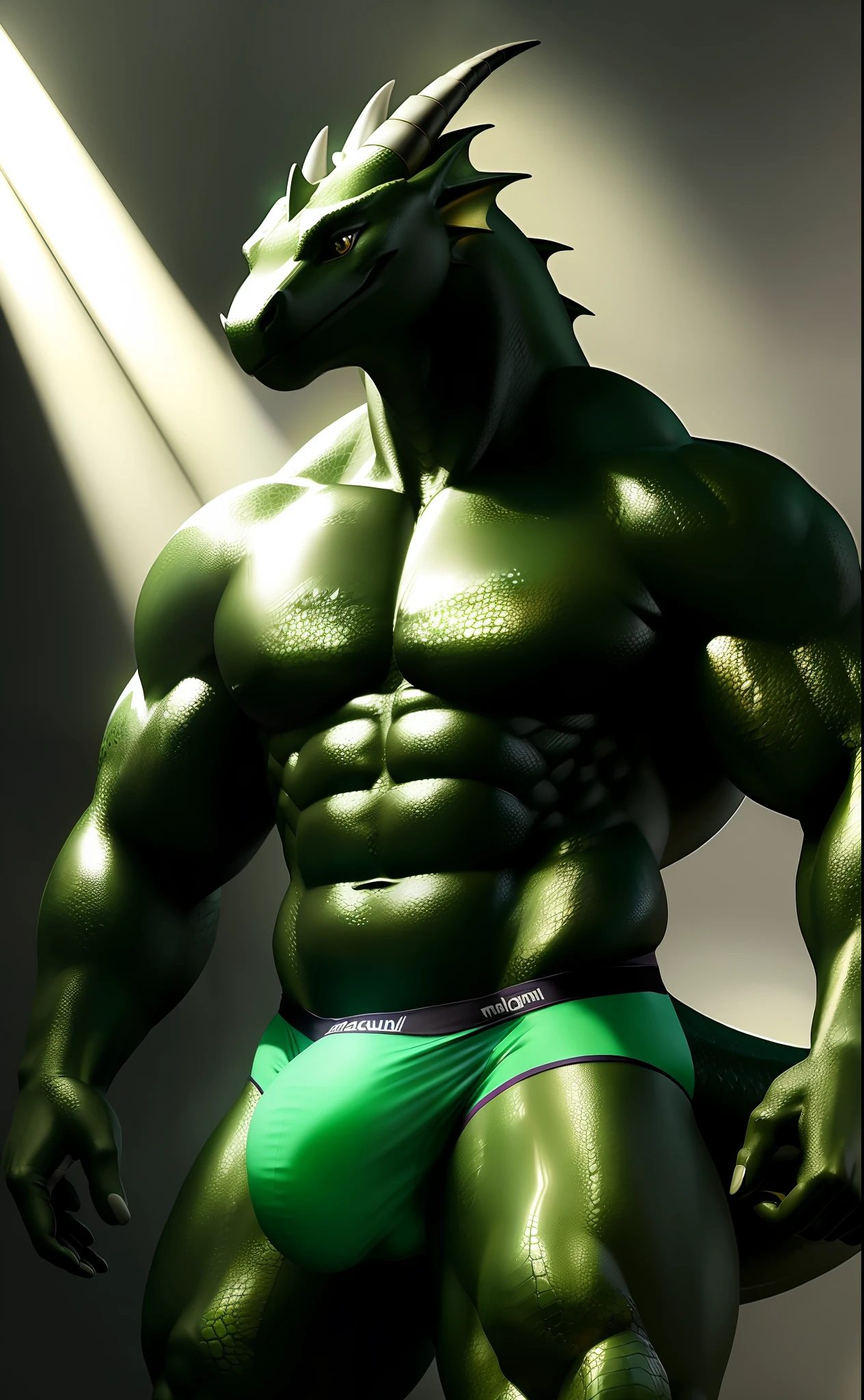 ((ultra realistic, masterpiece, cinematic lighting, extreme detail, realistic detailed scale, realistic shaders)), (dragon), with head and belly with green scales, arms and legs with black scales, antrum, pose, (smiling, beautiful), (detailed face, detailed eyes), front view, full body, (large pectorals), (top clothing), (briefs briefs), detailed background, tight underwear, large bulge, small dragon claws,  detached bulge, dragon's tail, (venous muscles), erection inside underwear