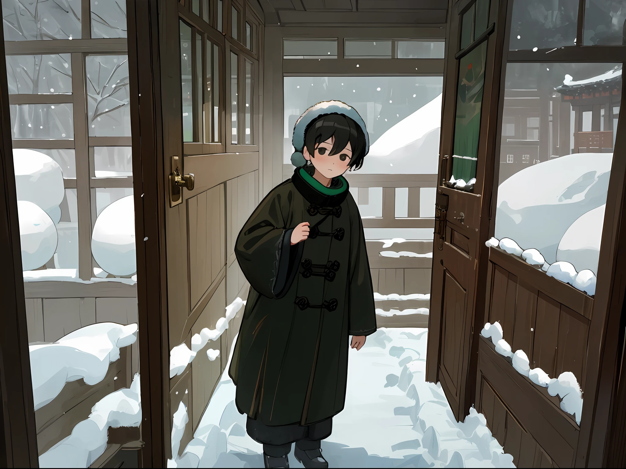 8k, masterpiece, high quality, a boy, black hair and black eyes, oil painting, Q version, green long sleeve cotton coat, Chinese children's clothing, wearing scarf, wearing cotton earmuffs, wooden door in background, snow, head up, snow falling