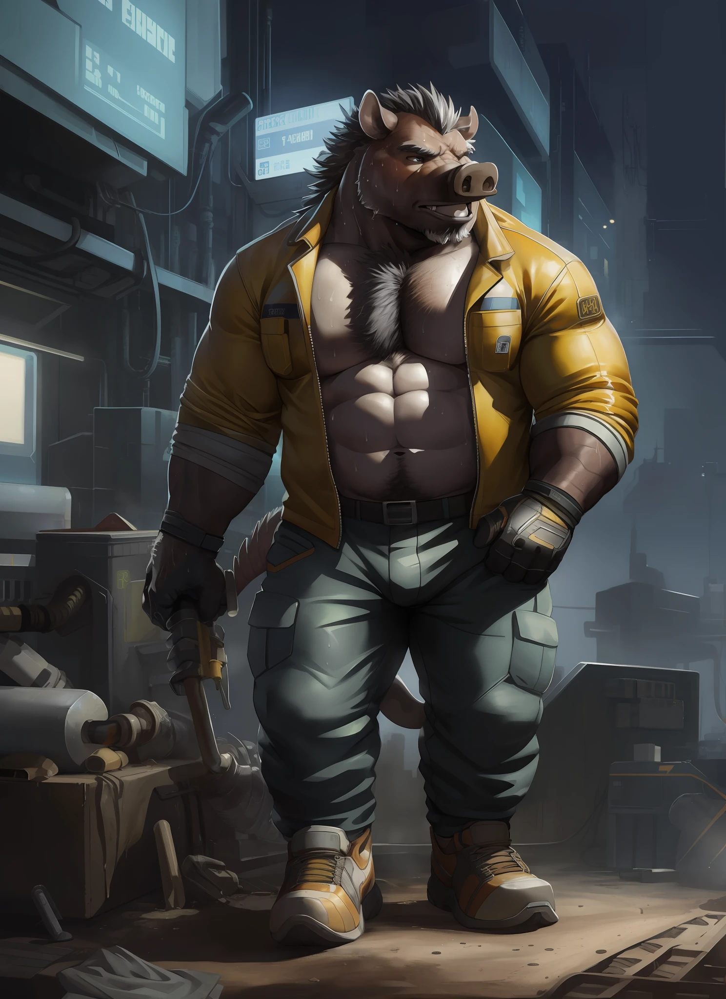 masterpiece,(bust portrait), best quality, ultra-detailed, illustration,kemono:1.4, 1male,anthro (boar), (boar face),black beared,nasty, sweat,mess,smelled,(long tusk ),solo,dirt, grime, oil, stains, sweat, exhaust, technician,topless,unzipped,white technician pants,(yellowing,sweaty,lossening, white technician clothing),((pure white)), gloomy,dim,loose-fitting work suit, voluptuous, strong,powerful, body,detailed black eyeballs,standing, detailed boar tail, work shoes, messy, industrial,metallic, gloves, goggles, protective,equipment, machinery, tools, sparks, pipes, industrial fashion, sci-fi, cyberpunk, dystopian, 8k hd, dark shadows, wide dynamic range, hdr, 低光:1.2, by Pino Daeni, (by ruaidri), by virtyalfobo