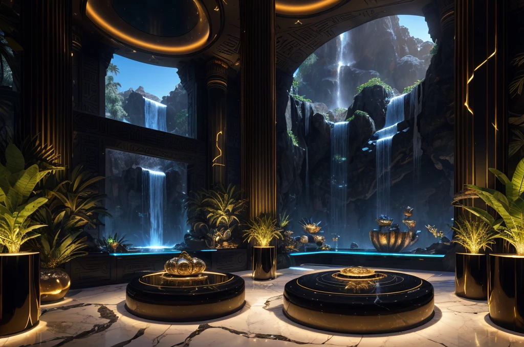 incredible black luxurious futuristic interior in Ancient Egyptian style with many ((lush plants)) (lotus flowers), ((palm trees)), rocky walls, (sand), ((waterfalls)) (marble), ((precious minerals)), ((metals)), (gemstones), crystals, clouds and (water), ((luxury furniture)), ((plants made out of gemstones and precious minerals)), crocodiles, (hieroglyphics), (((ultra luxury))), (black marble) – with ((beautiful lights)), Unreal Engine, HQ, 16k