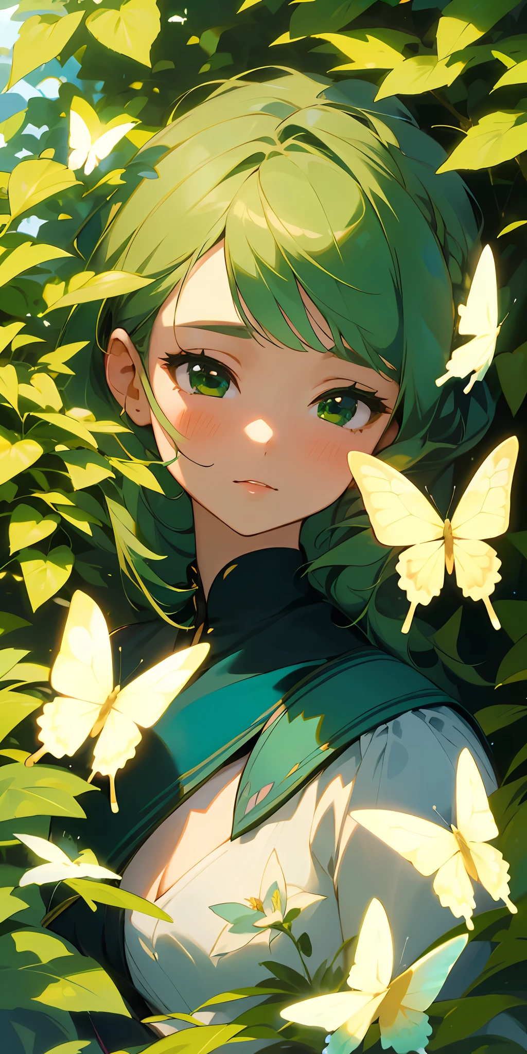 (Best quality, masterpiece, hyper-realism), 1 beautiful and delicate portrait of a girl with a soft and peaceful expression, background scenery with garden with flowers and butterflies flying around, green hair.