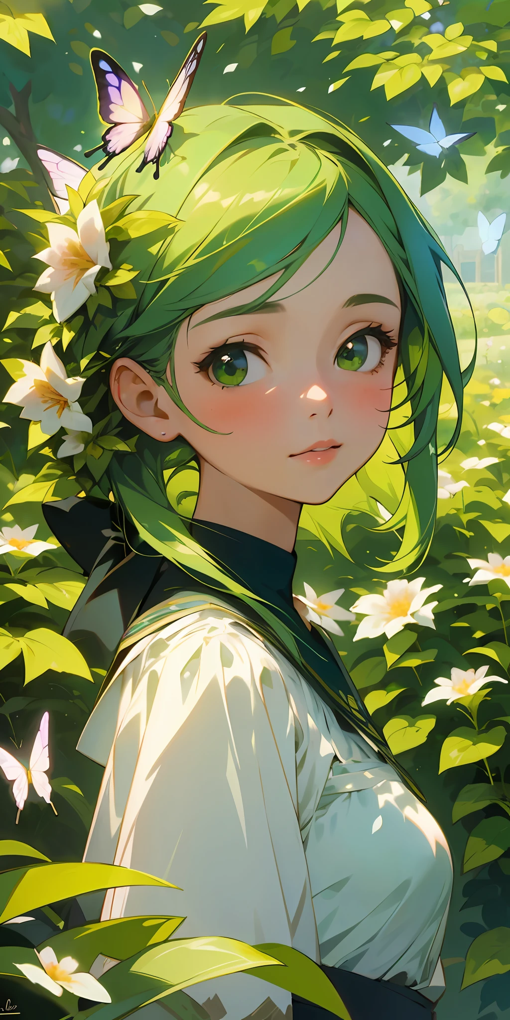 (Best quality, masterpiece, hyper-realism), 1 beautiful and delicate portrait of a girl with a soft and peaceful expression, background scenery with garden with flowers and butterflies flying around, green hair.