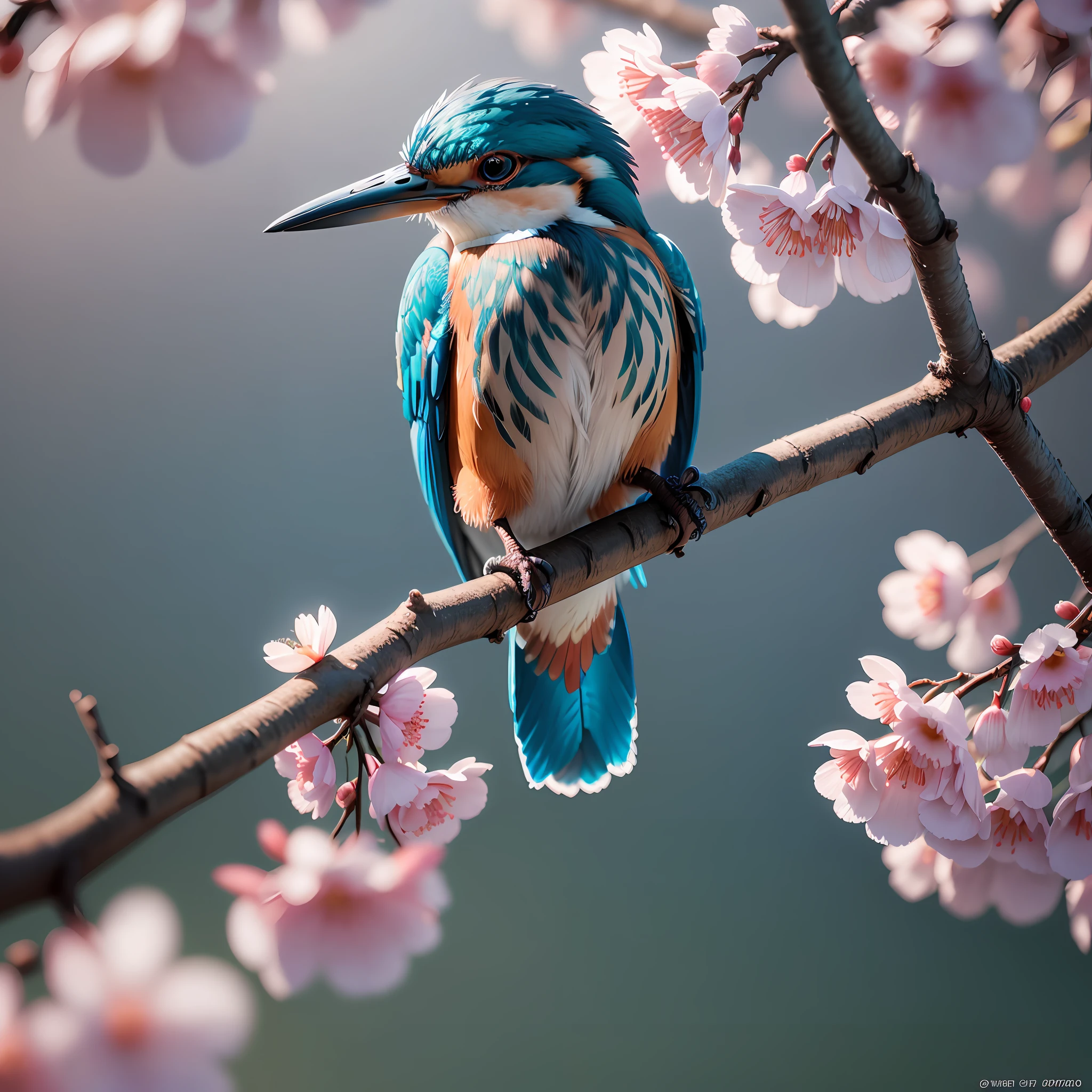 Superb Kingfisher Near White Cherry Blossoms on Branches, Dark, Dawn, (Cold Morning: 1.1), (Morning Dew: 1.15), Realistic Photography, (Low Photo: 1.2), Detail, 8K, Intricate Folded Feathers, Water Droplets on Feathers, (to8contrast style), (MIST: 0.7), Bright Colors, Sony a6600 Mirrorless Camera, embellish2 --v 6 --auto