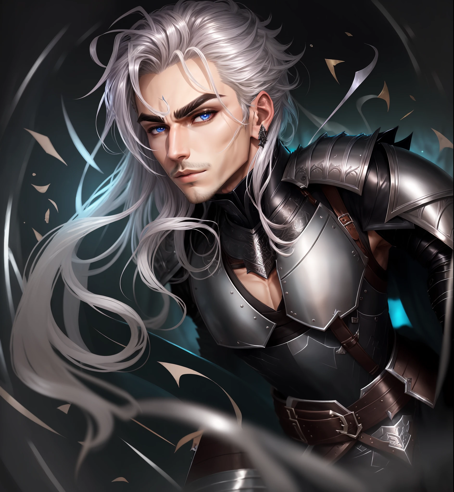 ((Handsome Male)), Perfect Quality, High Quality Details, Most Perfect Face, Medieval Fantasy Costumes, ((Black Leather Armor)|( Metallic silver armor)), [Deep eyes], [Thick eyebrows], [Fine hairstyle], [Beautiful lips]