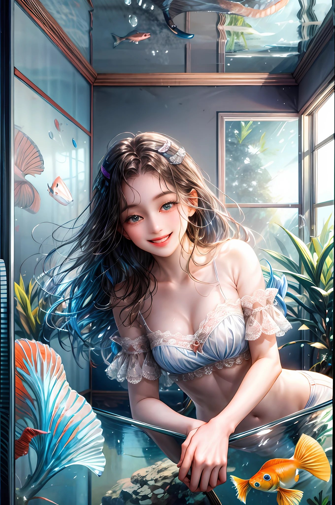 00:21:02
A girl smiling happily seeing her pet fish in a fish tank, they are in a room the fish in the fish tank with water she seeing it through the glass, a beautiful fish