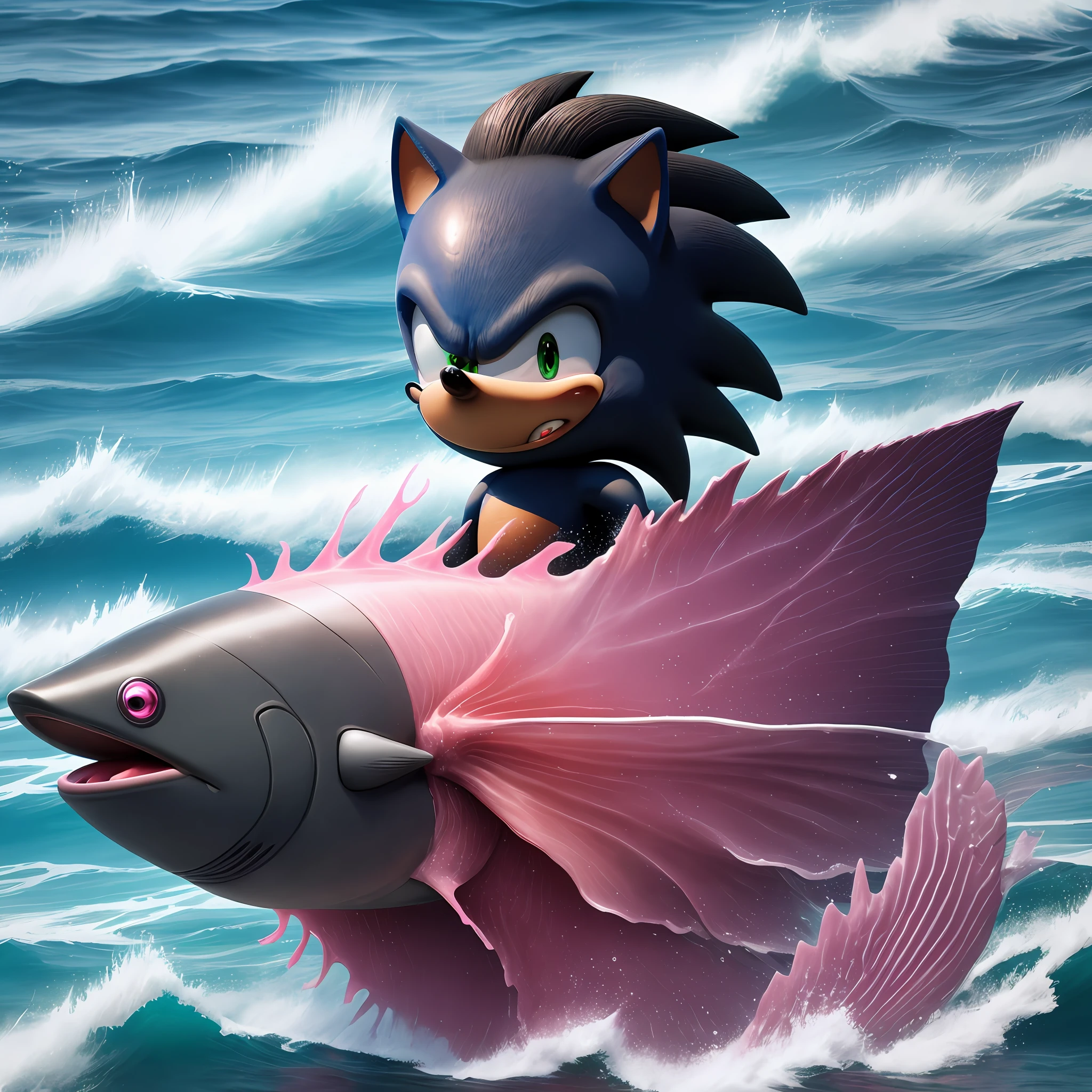 Sonic Negro, in the sea, the sea is pink, the fish fly, the head of the fish is egman