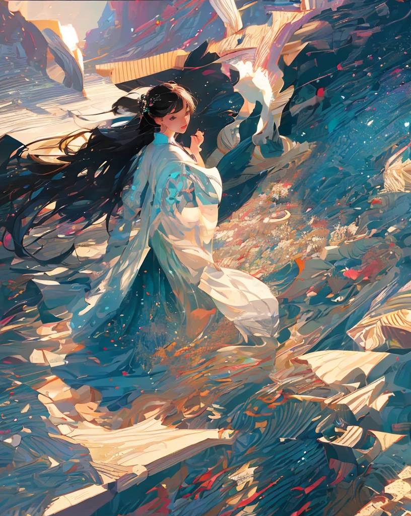 artwork of a pretty woman, artistic composition, emotional, active, motion, particles, masterpiece,highest quality,1girl