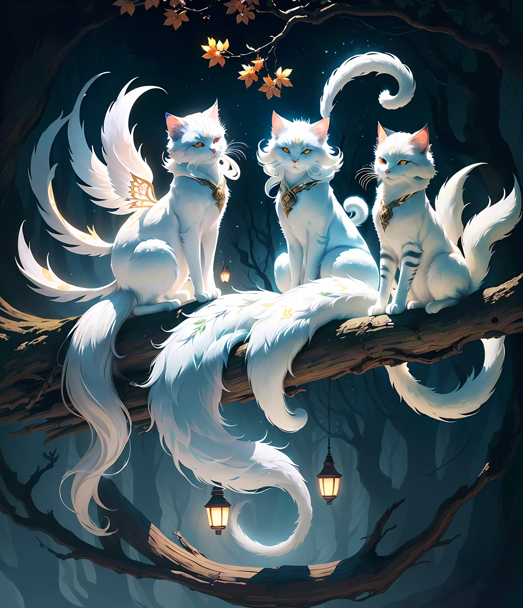 Painting of a cat with white hair sitting on a branch, ethereal cat, nine-tailed cat, Onmyoji detailed art, nine-tailed cat, beautiful artwork illustration, mythical creature, white cat, beautiful digital artwork, exquisite digital illustration, mizutsune, inspired by mythical creature wildnet, digital art on pixiv, bright light, high contrast, horror movie theme, dark atmosphere