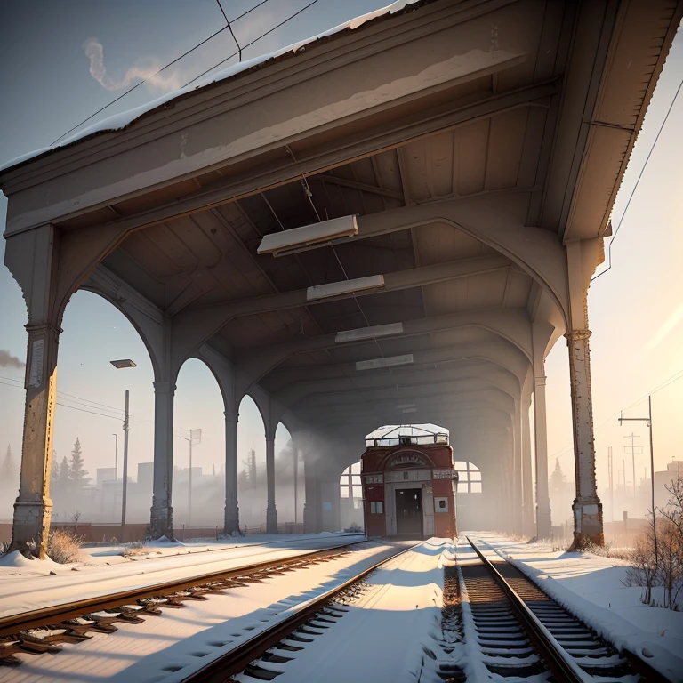 A train station in an abandoned place on the outskirts of the city, smoke, winter 1900