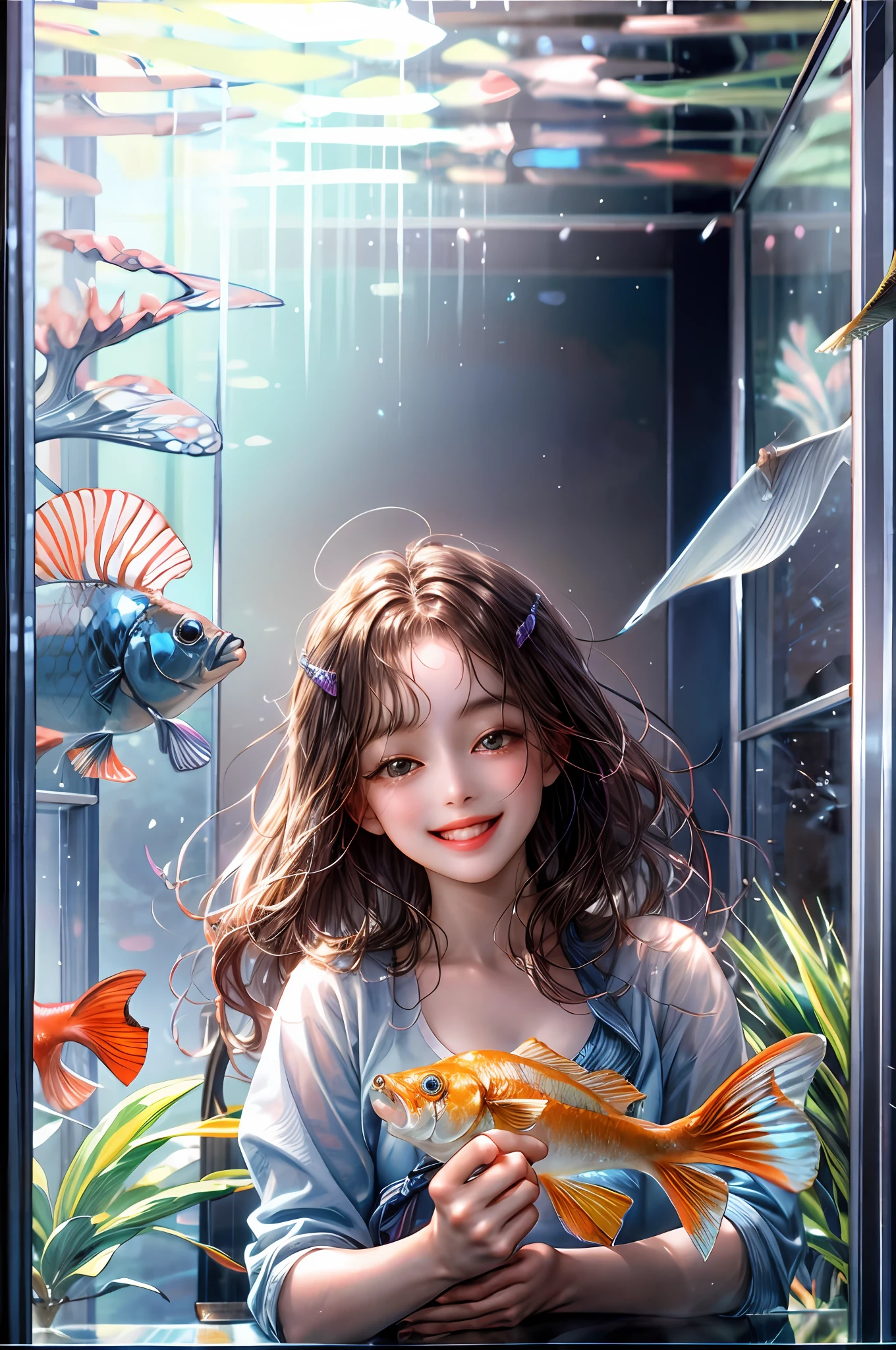 00:21:02
A girl smiling happily seeing her pet fish in a fish tank