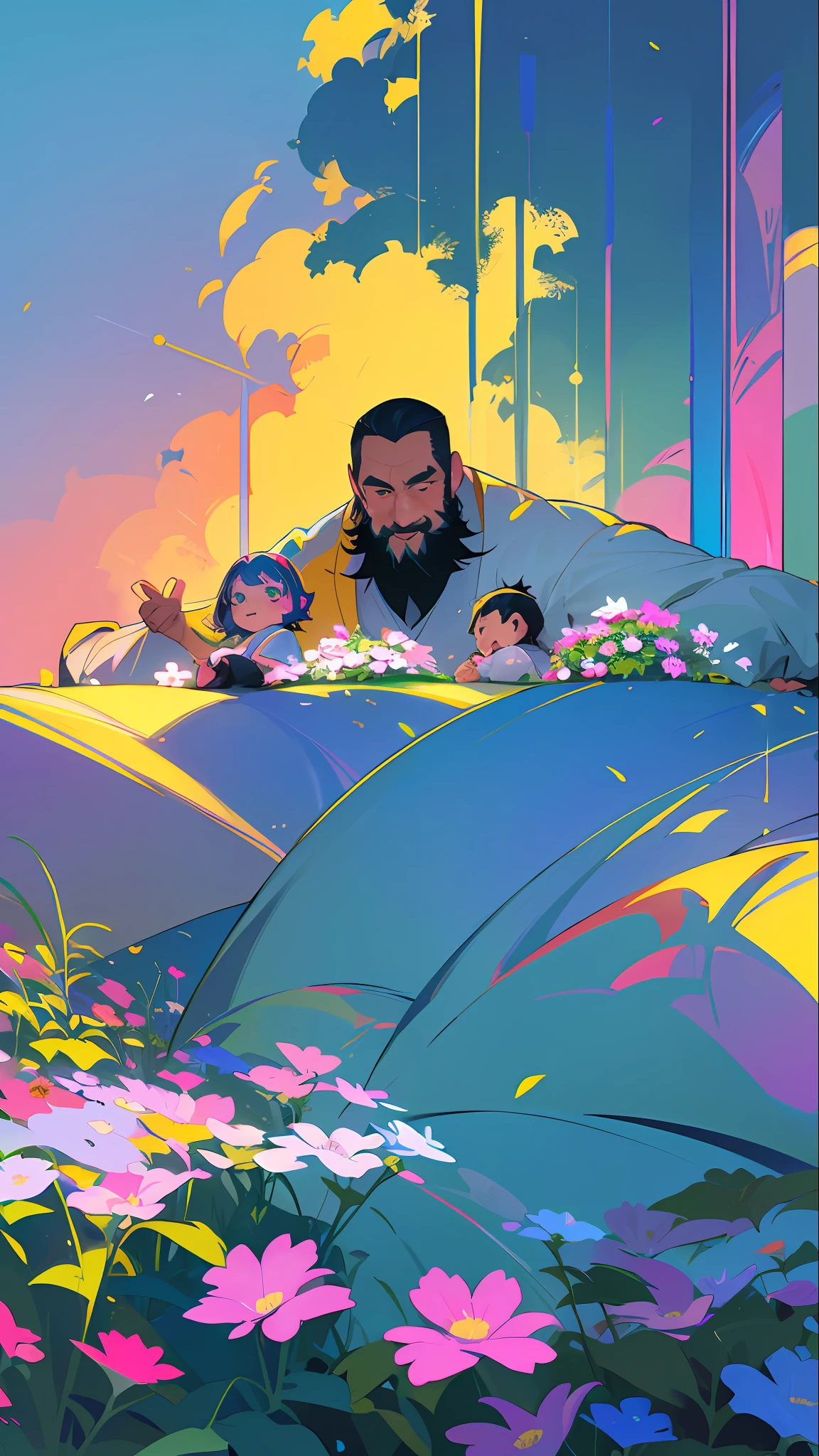 Make illustration poster, flat illustration, (((Father's Day))), (((Father and son))), father with beard, shirt, clear facial features, smile on face happiness, small children and middle-aged father, outdoors, sunny, blue sky and white clouds, flowers and green plants in the foreground, colorful, highly saturated, contour light, warm and bright, colorful, HD 8K, colored light particles, heterochromatic, (color: 1.5) ,--v6