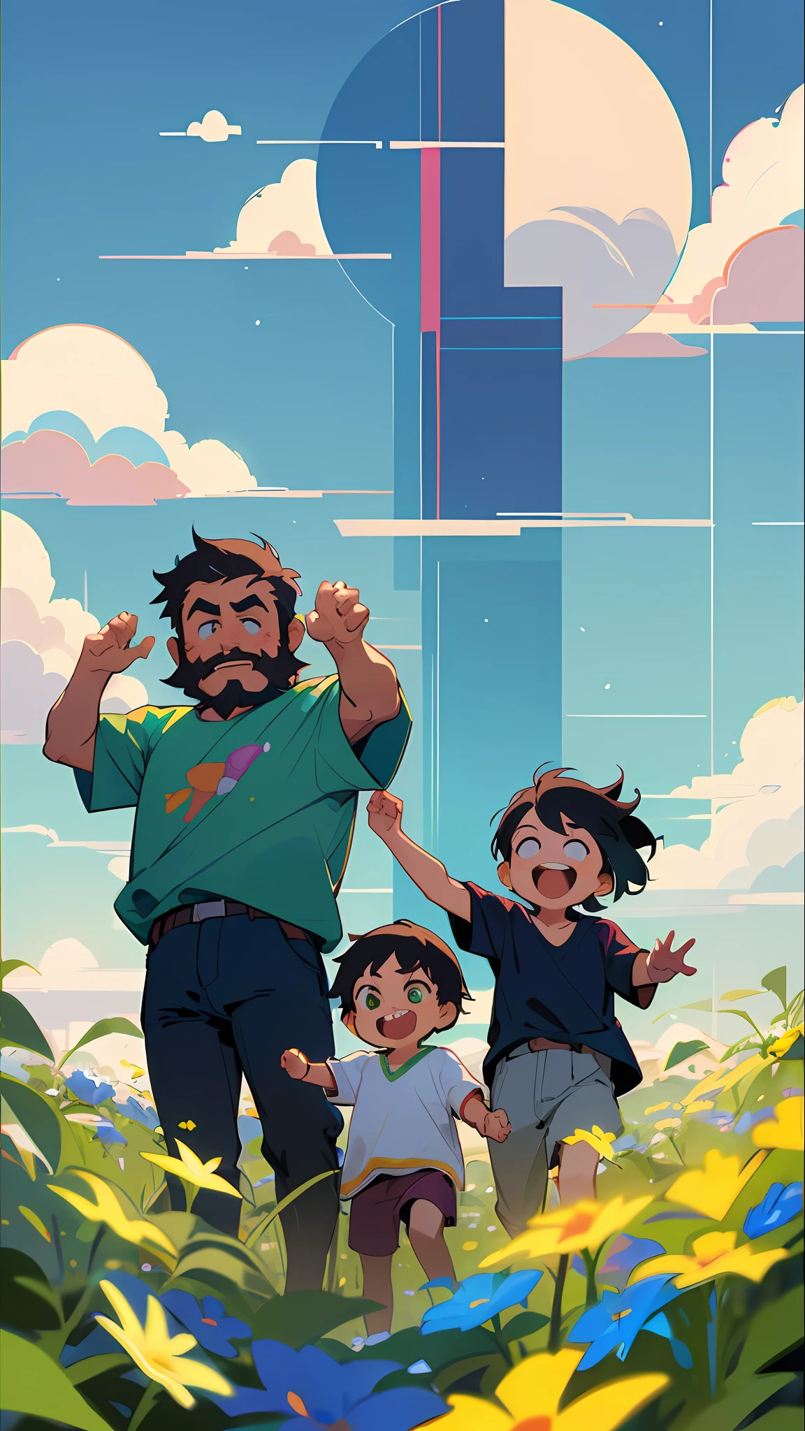 Make illustration poster, flat illustration, (((Father's Day))), (((Father and son))), father with beard, shirt, clear facial features, smile on face happiness, small children and middle-aged father, outdoors, sunny, blue sky and white clouds, flowers and green plants in the foreground, colorful, highly saturated, contour light, warm and bright, colorful, HD 8K, colored light particles, heterochromatic, (color: 1.5) ,--v6
