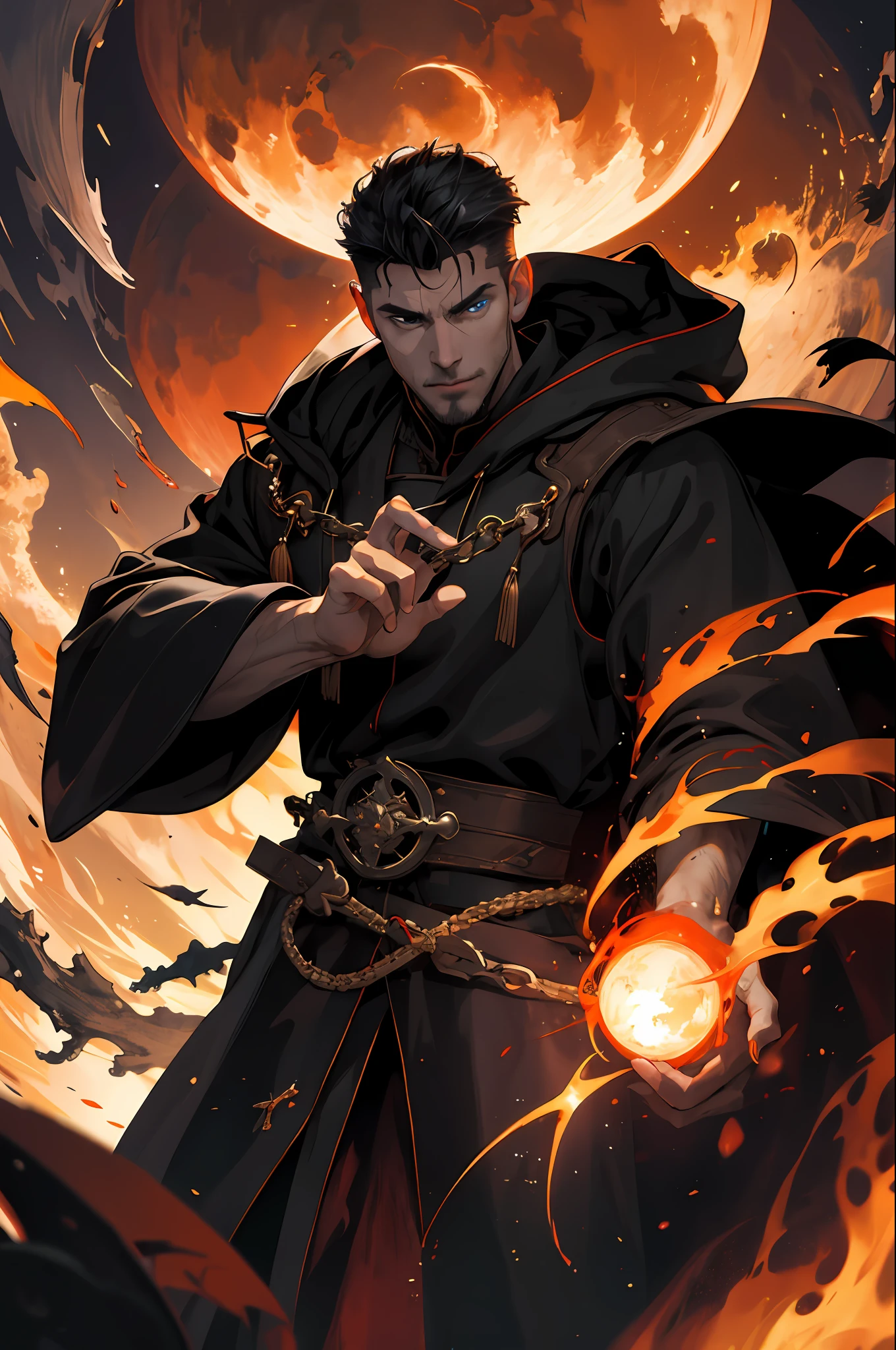 (absurdres, highres, ultra detailed), 1 male, mature, aged up, handsome, tall muscular guy, broad shoulders, very short hair, undercut, aquamarine eyes, finely detailed eyes and detailed face, extremely detailed CG unity 8k wallpaper, intricate details, (style-swirlmagic:0.8), portrait, looking at viewer, solo, (full body:0.6), dynamic pose, detailed background, madness in eyes, hovering in the air, necromancer, evil to the core, red clouds, casting a spell, fireball, hooded dark robe, dark circlet, underworld, warhammer theme, bringer of the false light, dark clouds, floating pieces of dirt, decadence, evil energy emanating, dark aura, broken shackles, , cowboy shot