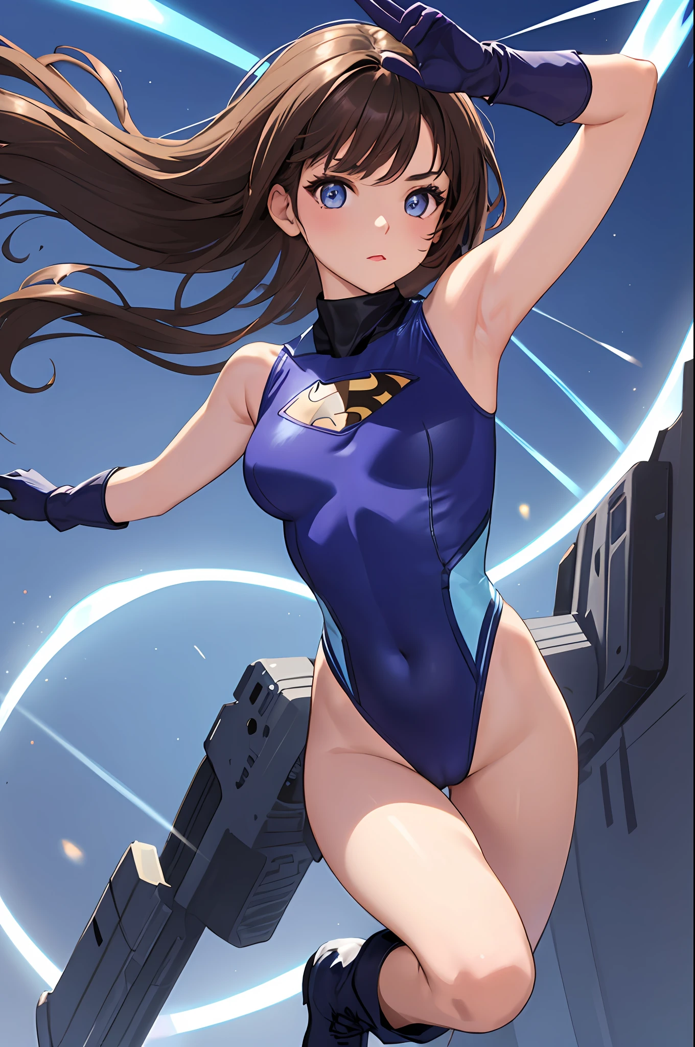 masterpiece, best quality, highres, 1girl, solo, superhero, leotard, bare legs, boots, matching boots, aura, blue aura, sleeveless, gloves, bracelets, matching gloves, looking at viewer, light particles, city backdrop, perfect hands, perfect eyes, powering up, perfect leotard, perfect legs, perfect arms, perfect fingers, light blue and dark purple leotard, brown hair, hazel eyes,