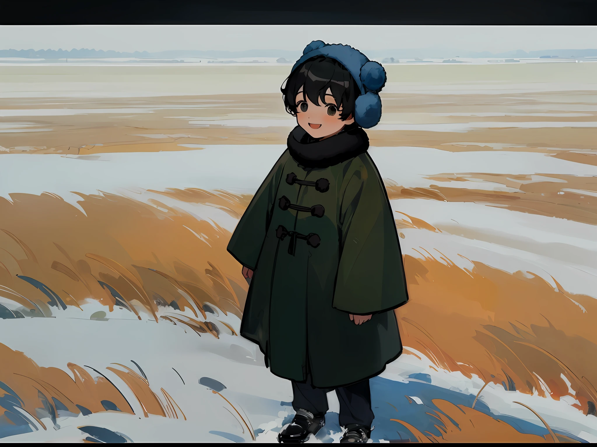 8k, masterpiece, high quality, a boy, black hair and black eyes, oil painting, Q version, green long-sleeved cotton coat, Chinese children's clothing, wearing scarf, cotton earmuffs, head up, composition looking down perspective, standing on a snowy field, background white, happy expression