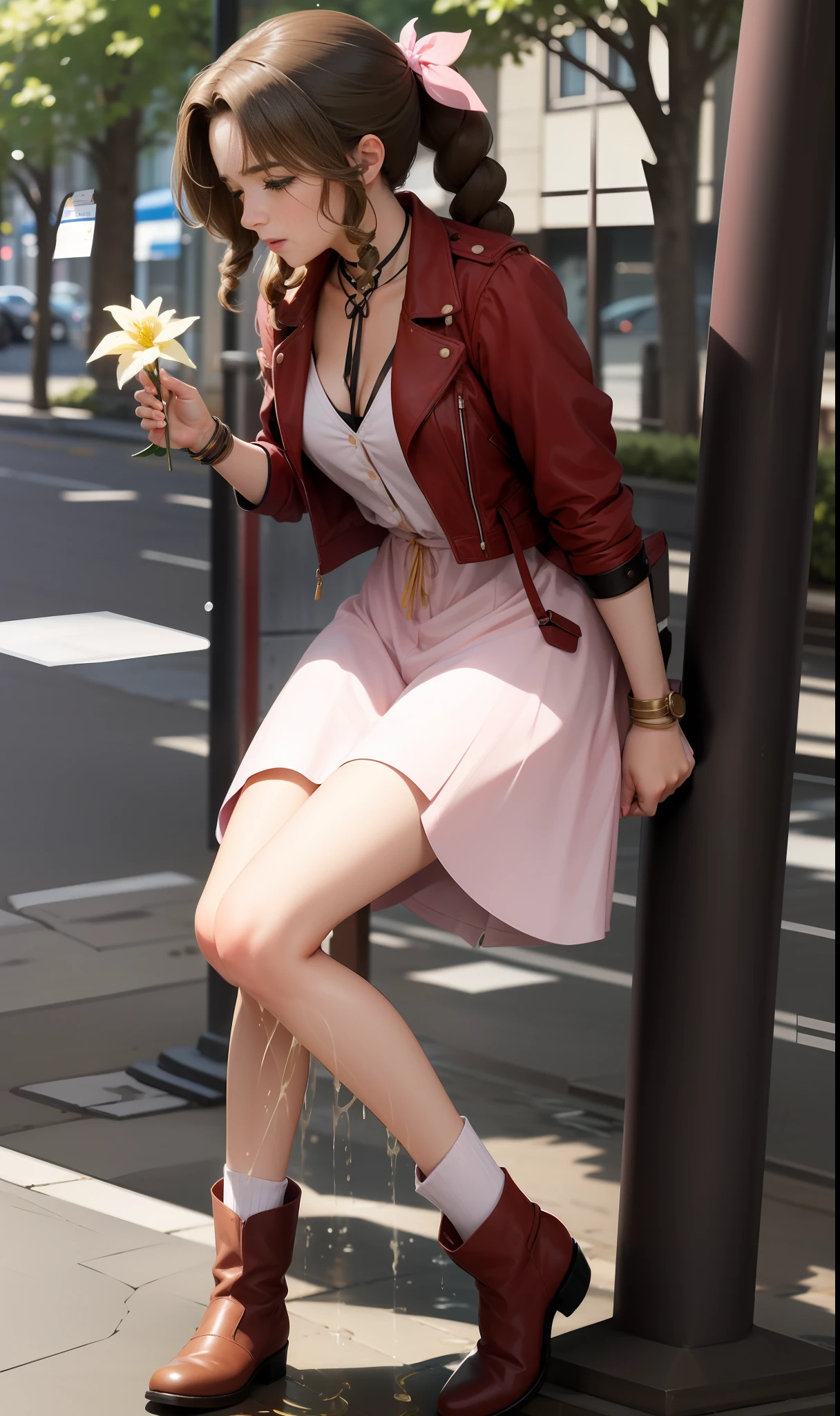 CG, perfect atwork, perfect female figure, Aerith Gainsboroug, holding small flower basket, peeing herself, peeing down her legs, green eyes, surrounded by other people, standing in very busy midgar city street, sunny, choker, cropped jacket, hair bow, bracelet, pink dress, brown ankle boots, looking down nervously, shy, embarrassed aroused and shocked, outdoors, standing legs crossed, a small puddle of her own urine is forming around her feet on the dry ground, very desperate to pee, peeing, wetting herself, urination, streaming tears, scared, despair, panicking, high detail, anime, Realism, anime style, Hyperrealism, masterpiece, highres, UHD, anatomically correct, high quality, super detail, high details, best quality, highres, award winning, 8k, textured skin