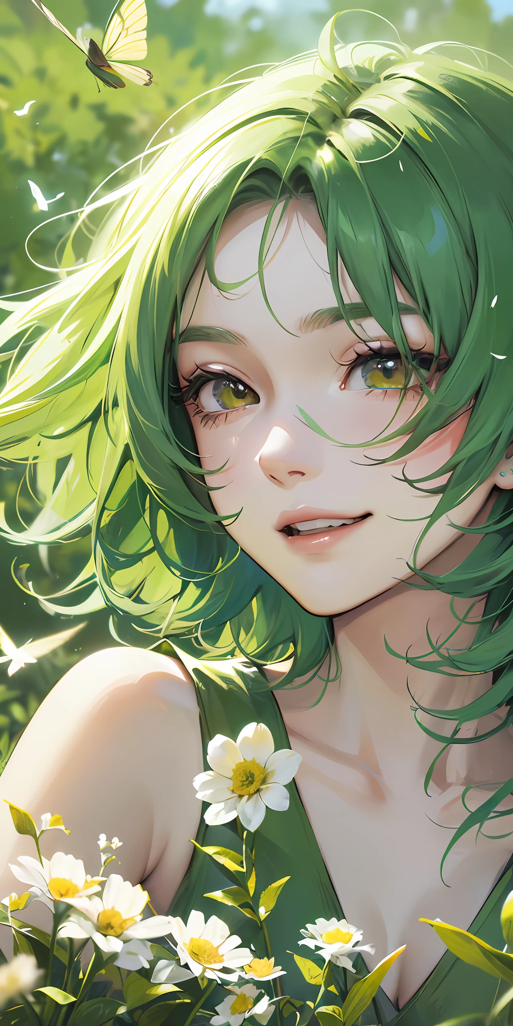 High Detail, Ultra Detail, Ultra High Resolution Short green hair girl enjoying her time in open field, surrounded by the beauty of nature, warm sun sprinkling on her, white flowers gently swaying in the breeze. Butterflies and birds flutter around her, adding to the playful atmosphere ,--v6
