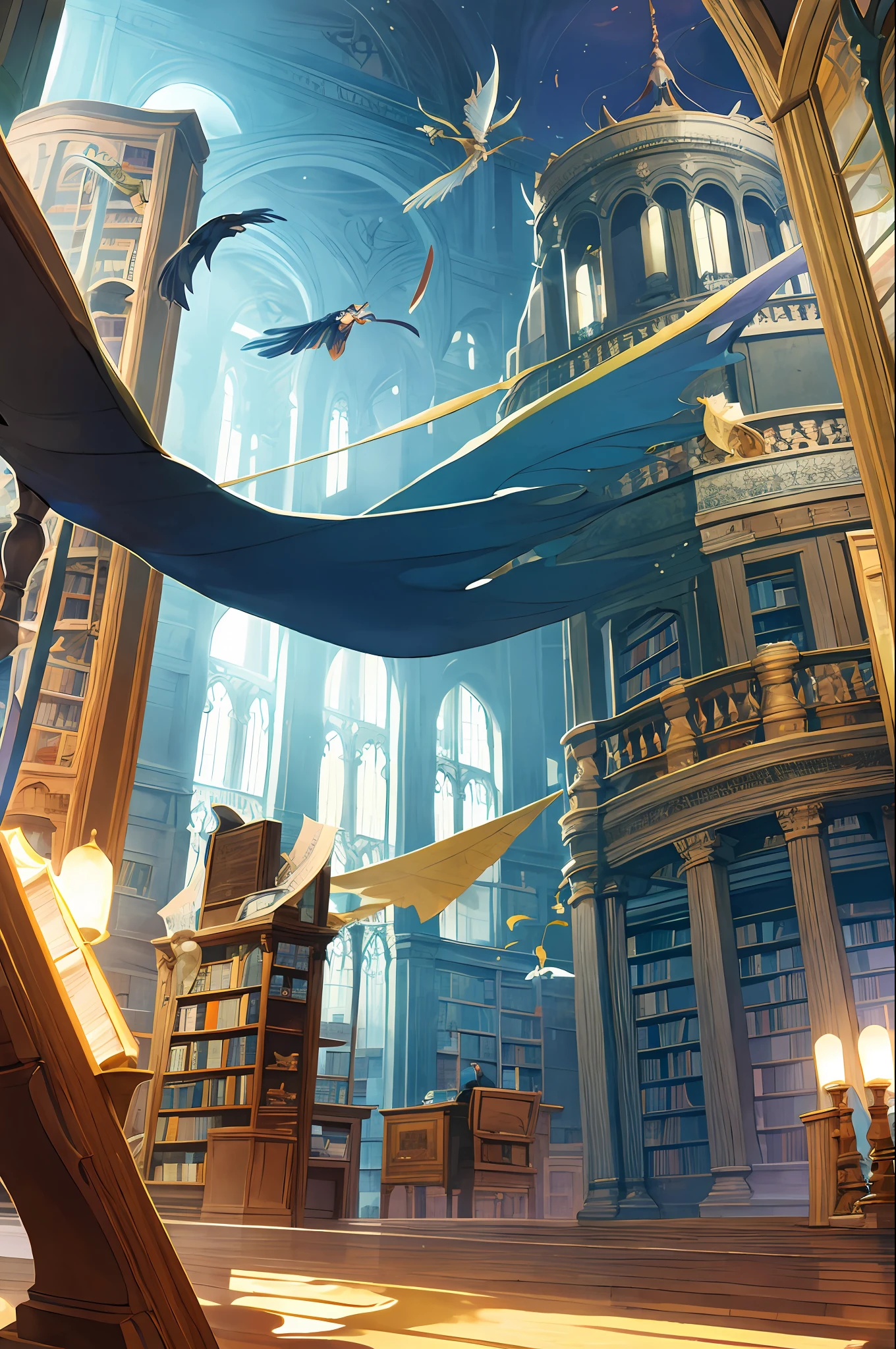 "Magical library, lots of books flying, separated by size and color, with incredible details that create a cinematic atmosphere of adventure and magic."