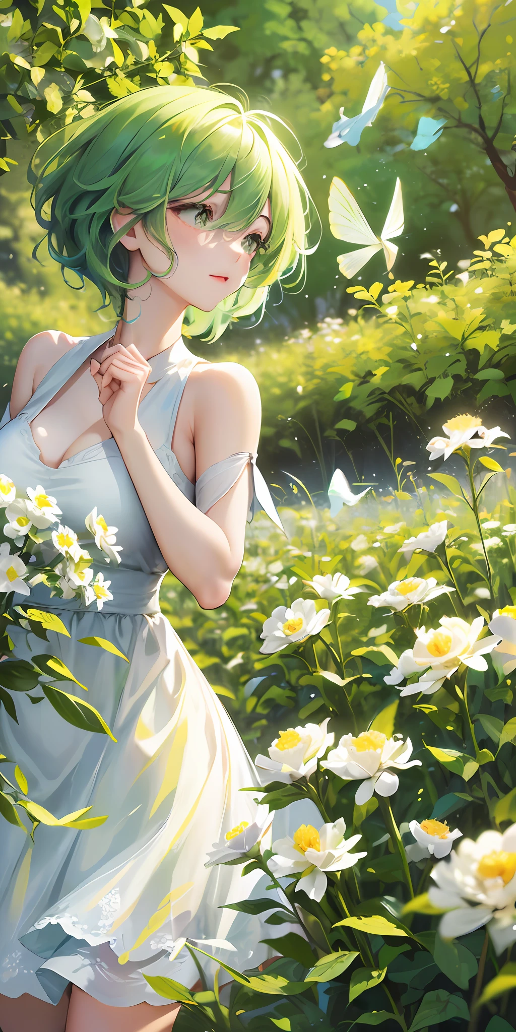 High Detail, Ultra Detail, Ultra High Resolution Short green hair girl enjoying her time in open field, surrounded by the beauty of nature, warm sun sprinkling on her, white flowers gently swaying in the breeze. Butterflies and birds flutter around her, adding to the playful atmosphere ,--v6