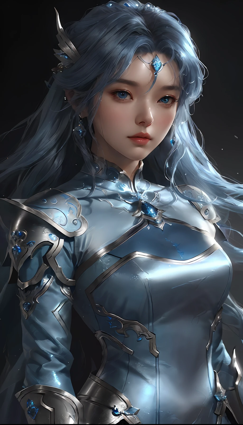a close up of a woman in a silver and blue dress, chengwei pan on artstation, by Yang J, detailed fantasy art, stunning character art, fanart best artstation, epic exquisite character art, beautiful armor, extremely detailed artgerm, detailed digital anime art, artgerm on artstation pixiv, armor girl