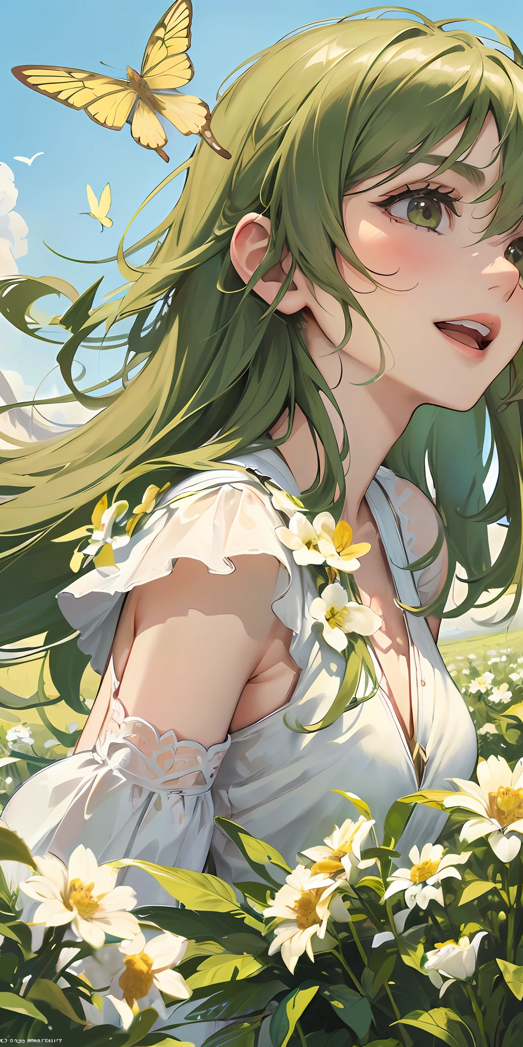 High Detail, Ultra Detail, Ultra High Resolution Light brown eyebrows, short green hair girl enjoying her time in open fields, surrounded by the beauty of nature, warm sun sprinkling on her, white flowers gently swaying in the breeze. Butterflies and birds flutter around her, adding to the playful atmosphere ,--v6