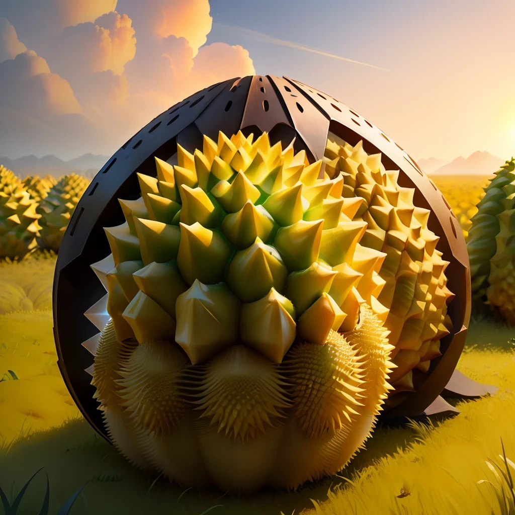 anthill, durian fruit, with a yellow flesh, on the grassland, Pixar, Luminism, 8k