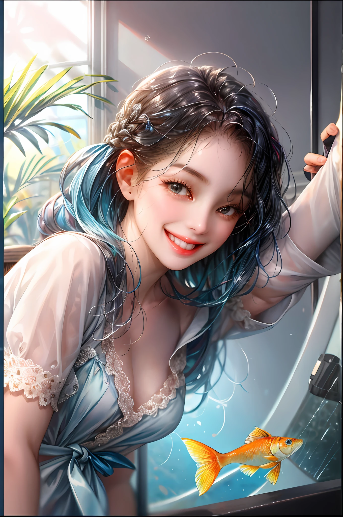 A girl smiling happily seeing her pet fish in a fish tank, they are in a room the fish in the fish tank with water she seeing it through the glass, a beautiful fish