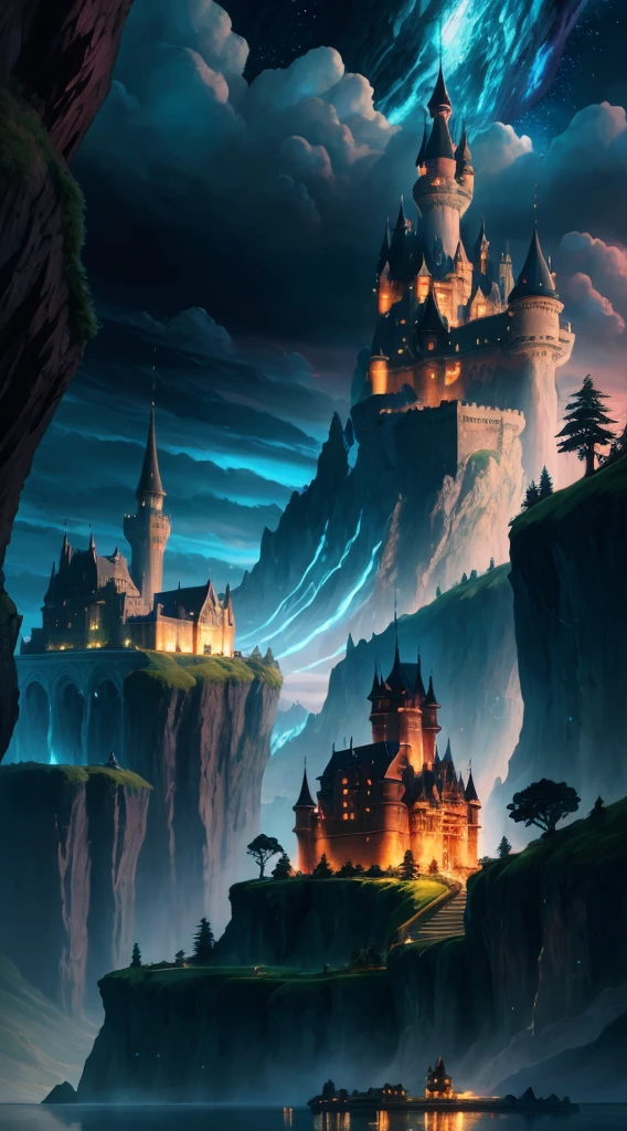 there is a castle on a cliff with a lake in front of it, epic castle with tall spires, high fantasy castle, inspired by Andreas Rocha, andreas rocha style, fantasy castle, medieval fantasy landscape, fantasy art behance, bussiere rutkowski andreas rocha, epic fantasy digital art style, magical castle, inspired by sylvain sarrailh