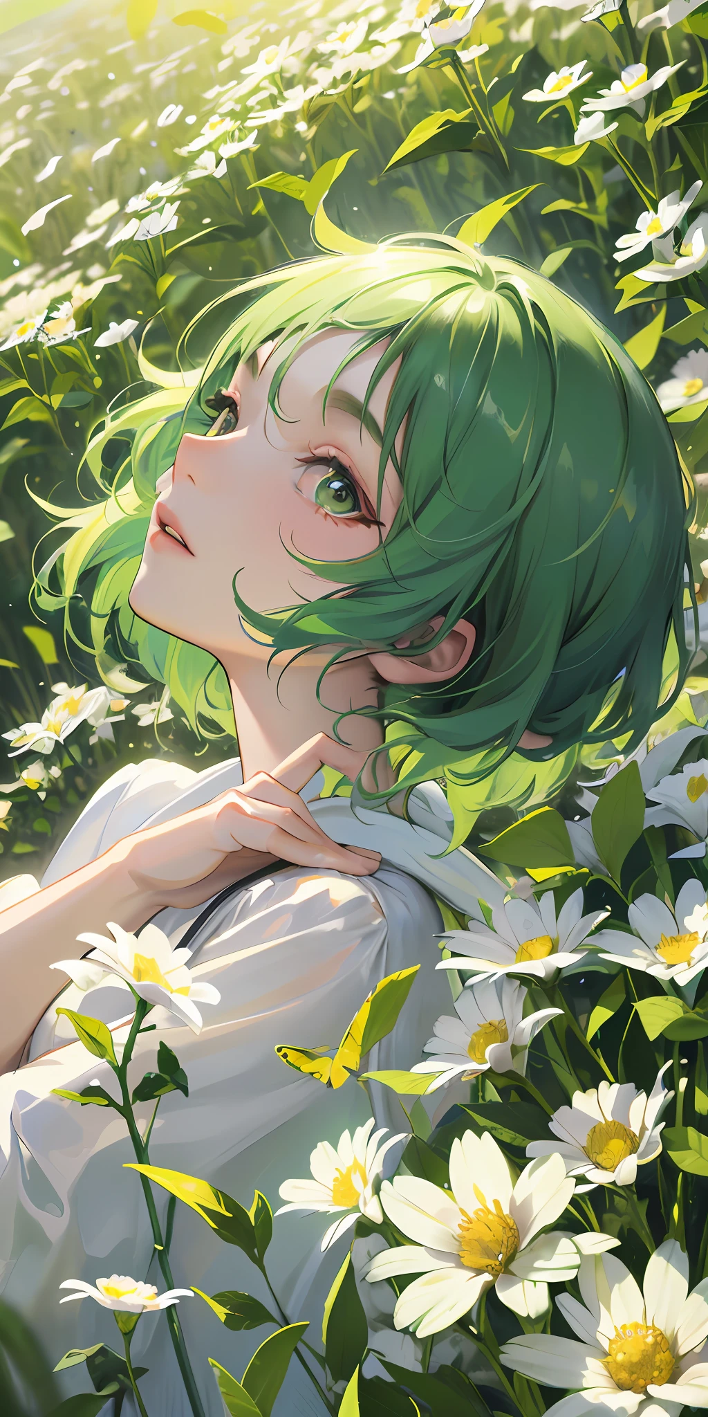 High Detail, Ultra Detail, Ultra High Resolution Short green hair girl enjoying her time in open field, surrounded by the beauty of nature, warm sun sprinkling on her, white flowers gently swaying in the breeze. Butterflies and birds flutter around her, adding to the playful atmosphere ,--v6