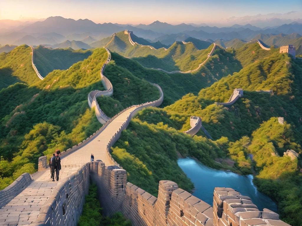 (Digital Painting), (Best Quality), Beijing, Majestic Great Wall, Best Quality, Masterpiece, High Painting, Ink Bisim, Wuchangshuo, Bonian, Zhenbanqiao, Badarshan People, Mountain Horizon, River, Forest, Village, Sunset, Popular Deviant Art, Ultra-realistic 8K, Soft Colors, Soft Lighting, Golden Hour, Calm Atmosphere, Horizontal