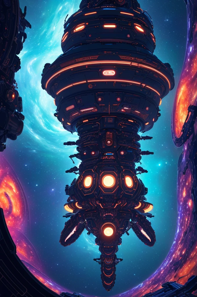 (extremely detailed CG art, masterpiece, best quality, ultra-detailed), tentacle horror AI space station in space, spaceship, dark neon theme, galaxy background, futuristic chaos, high contrast, heavy shadows.