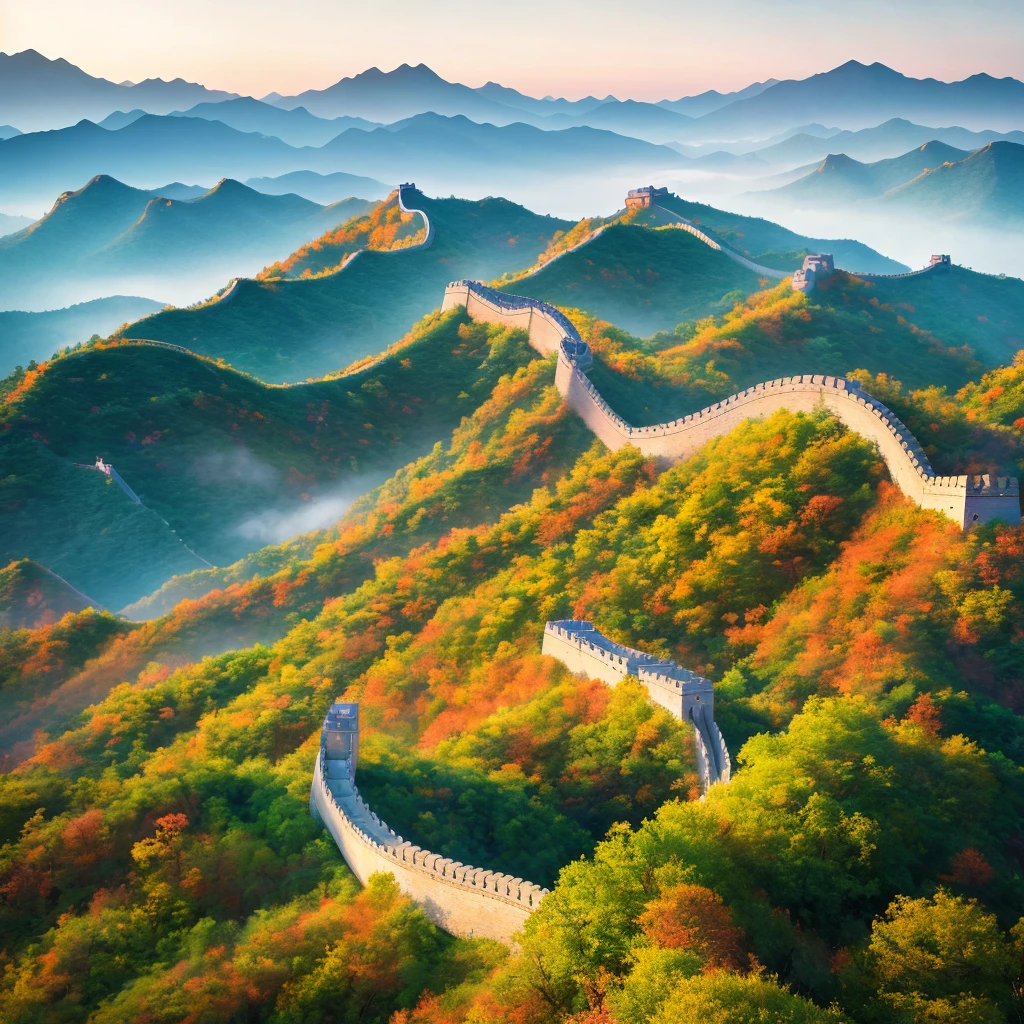 (Digital Painting), (Best Quality), Beijing, Majestic Great Wall, Best Quality, Masterpiece, High Painting, Ink Bisim, Wuchangshuo, Bonian, Zhenbanqiao, Badarshan People, Mountain Horizon, River, Forest, Village, Sunset, Popular Deviant Art, Ultra-realistic 8K, Soft Colors, Soft Lighting, Golden Hour, Calm Atmosphere, Horizontal
