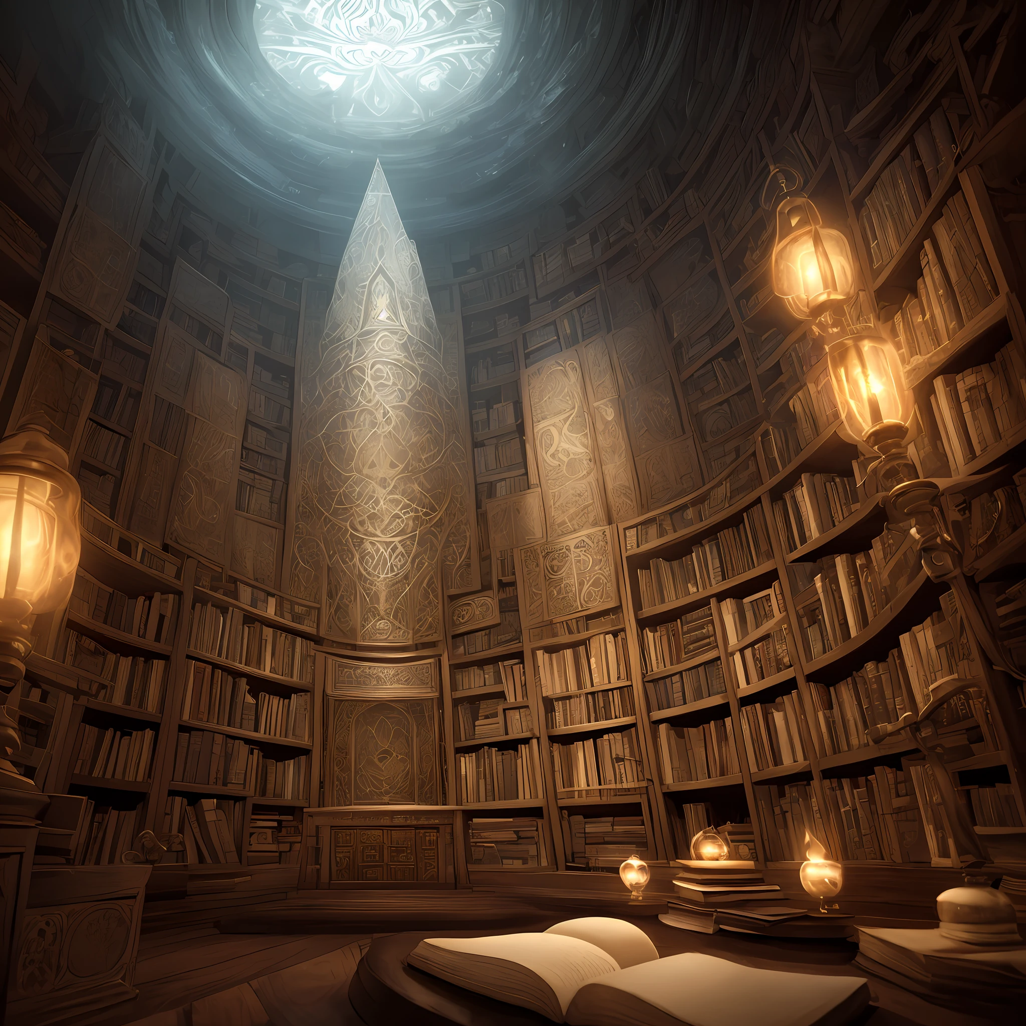A bookshelf filled ancient books arranged with intricate engravings, containing forgotten spells and enchantments, Evokes a sense of wonder and curiosity, Dramatic lighting from an unknown source, Fantasy, intricate details, good anatomy, perfectly drawn, Insane detailed, 4k, cinema 4d rendered, surrealism, illustration, magical, trending on Artstation, color sharding, titanium, cinematic lighting, realistic lighting, low angle, Cinema4D rendering, highly detailed, hyper-realistic, film photography, ultra realistic, detailed, Alternative
