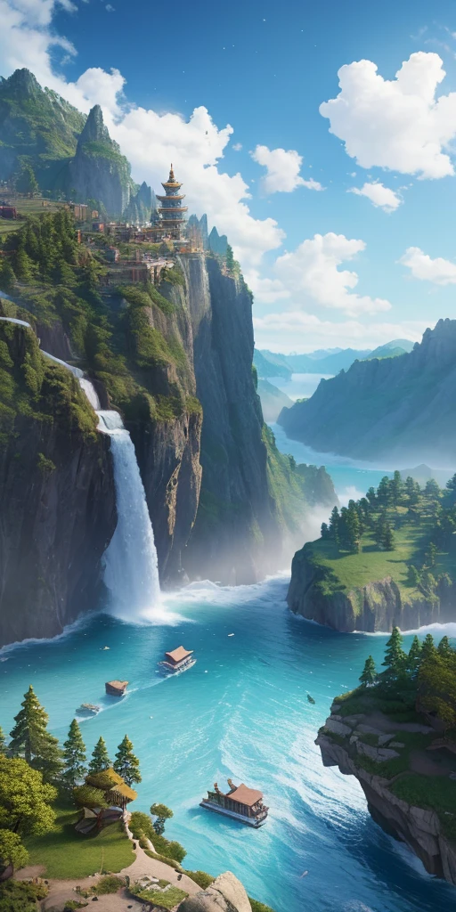 Masterpiece, best quality, high quality, extremely detailed CG unity 8k wallpaper, landscape, outdoor, sky, cloud, sky, no humans, mountain, landscape, water, tree, blue sky, waterfall, cliff, nature, lake, river , cloudy skies, award winning photography, bokeh, depth of field, HDR, bloom, chromatic aberration, photorealism, very detailed, trending on artstation, trending on CGsociety, intricate, high detail, dramatic, midjourney art