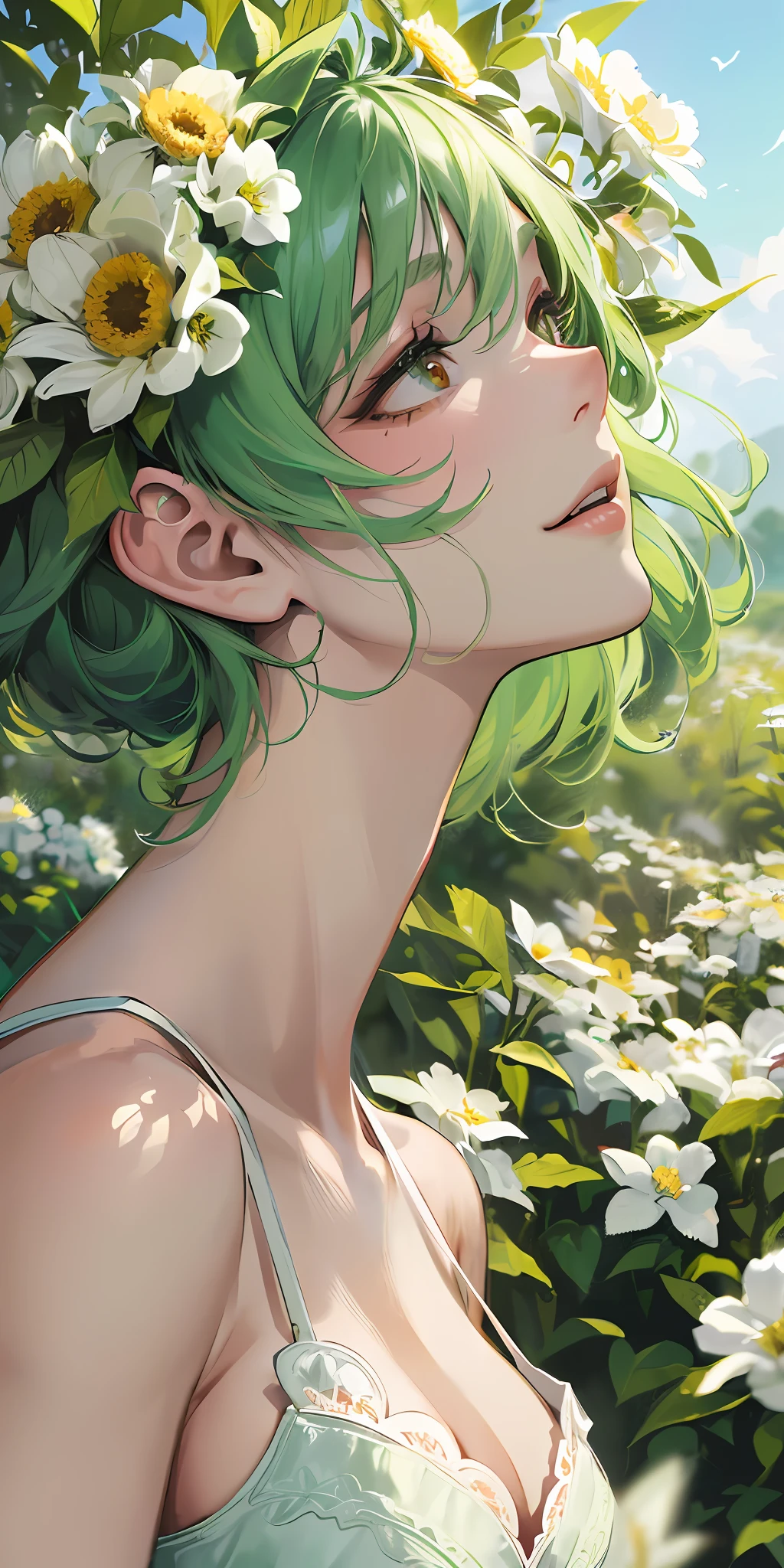 High detail, super detail, super high resolution , girl with short green hair enjoying her time in the open field, surrounded by the beauty of nature, warm sun sprinkling on her, white flowers gently swaying in the breeze. Butterflies and birds flutter around her, adding to the playful atmosphere ,--v6