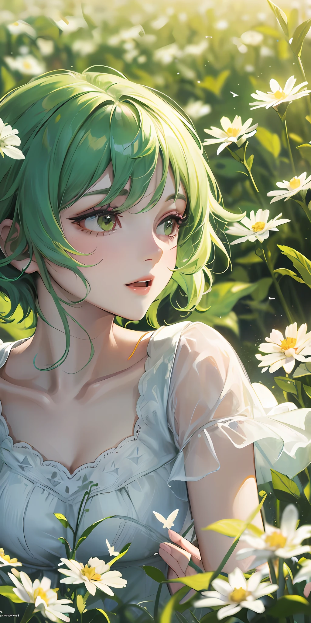High detail, super detail, super high resolution , girl with short green hair enjoying her time in the open field, surrounded by the beauty of nature, warm sun sprinkling on her, white flowers gently swaying in the breeze. Butterflies and birds flutter around her, adding to the playful atmosphere ,--v6