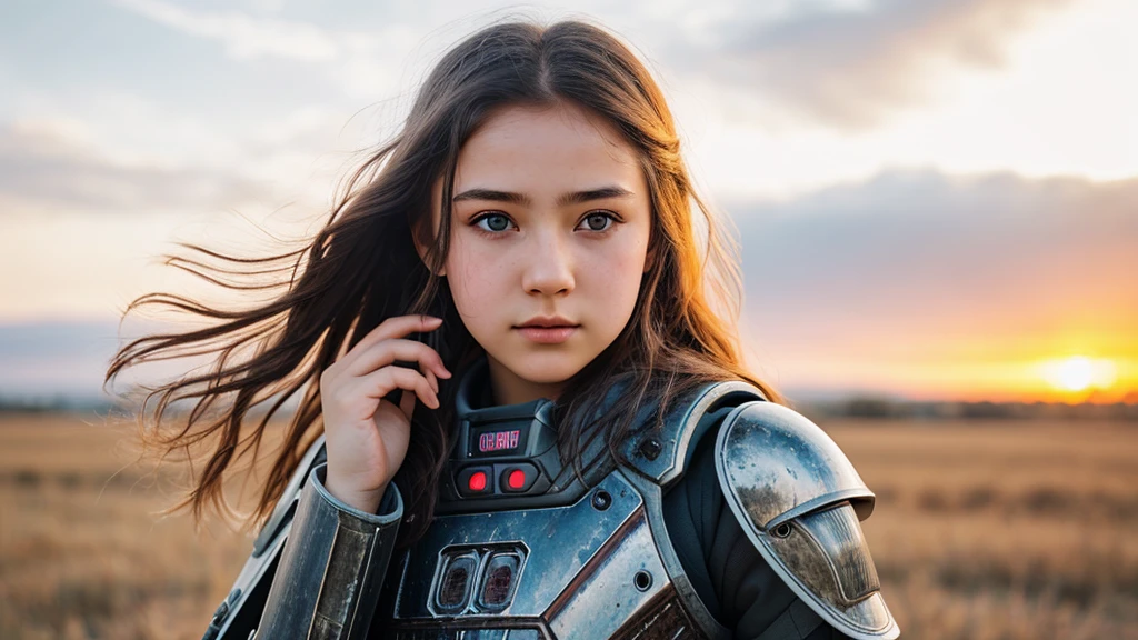 1girl, ((fire rain)), realistic photo of ((cute preteen russian girl in a exoskeleton armored robot)), (detailed face), sunset, sweaty, grime, post-apocalyptic, long hair, cyberpunk, (modelshoot style), (extremely delicate and beautiful fabric), (beautiful detailed sky), beautiful details in the wind, flying splashes, flying petals, wind,realistic, masterpiece, best quality, ultra-detailed, detailed, scenery, (beautiful detailed eyes), detailed hair, realistic hand, intricate clothes, preteen, cute, high resolution, 8k, RAW photos, high-detail RAW color photo, dynamic light, ultra detailed, detailed face, facial features details, beautiful details Eyes, very detailed eyes, very detailed skin, real skin, firm skin,