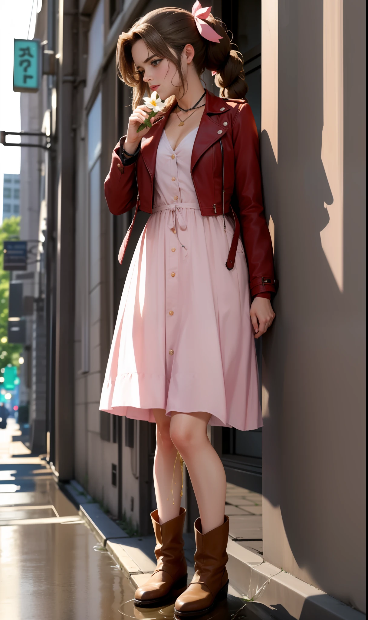 CG, perfect atwork, perfect female figure, Aerith Gainsboroug, holding small flower basket, peeing herself, peeing down her legs, green eyes, surrounded by other people, standing in very busy midgar city street, sunny, choker, cropped jacket, hair bow, bracelet, pink dress, brown ankle boots, looking down nervously, shy, embarrassed aroused and shocked, outdoors, standing legs crossed, a small puddle of her own urine is forming around her feet on the dry ground, very desperate to pee, peeing, wetting herself, urination, streaming tears, scared, despair, panicking, high detail, anime, Realism, anime style, Hyperrealism, masterpiece, highres, UHD, anatomically correct, high quality, super detail, high details, best quality, highres, award winning, 8k, textured skin