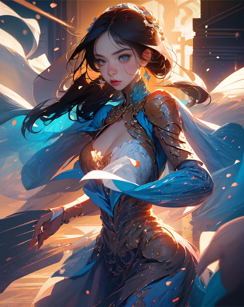 artwork of a pretty woman, adult, striking, artistic composition, emotional, active, motion, particles,masterpiece,highest quality,1girl,(close up),magical,beautiful dress