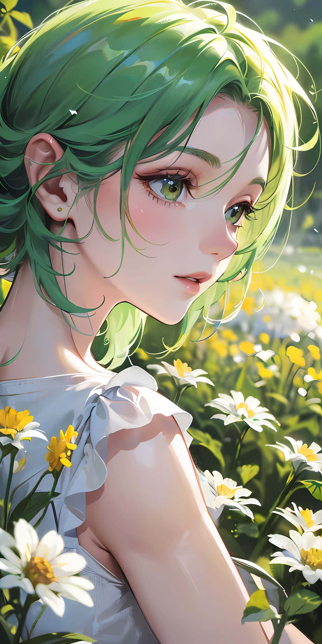 High detail, super detail, super resolution , delicate side face, girl with short green hair enjoying her time in open fields, surrounded by the beauty of nature, warm sun sprinkling on her, white flowers gently swaying in the breeze. Butterflies and birds flutter around her, adding to the playful atmosphere ,--v6
