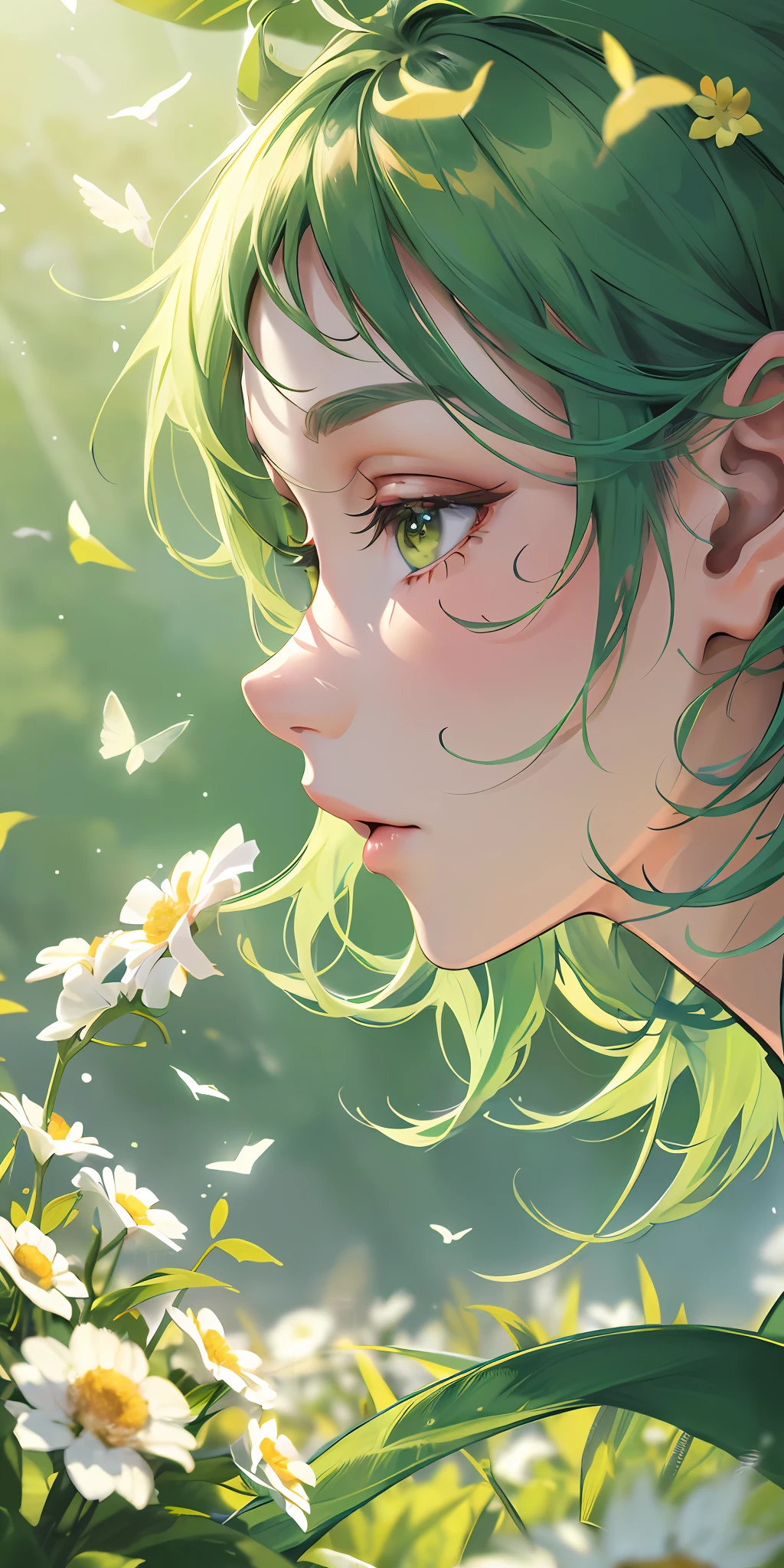 High detail, super detail, super resolution , delicate side face, girl with short green hair enjoying her time in open fields, surrounded by the beauty of nature, warm sun sprinkling on her, white flowers gently swaying in the breeze. Butterflies and birds flutter around her, adding to the playful atmosphere ,--v6