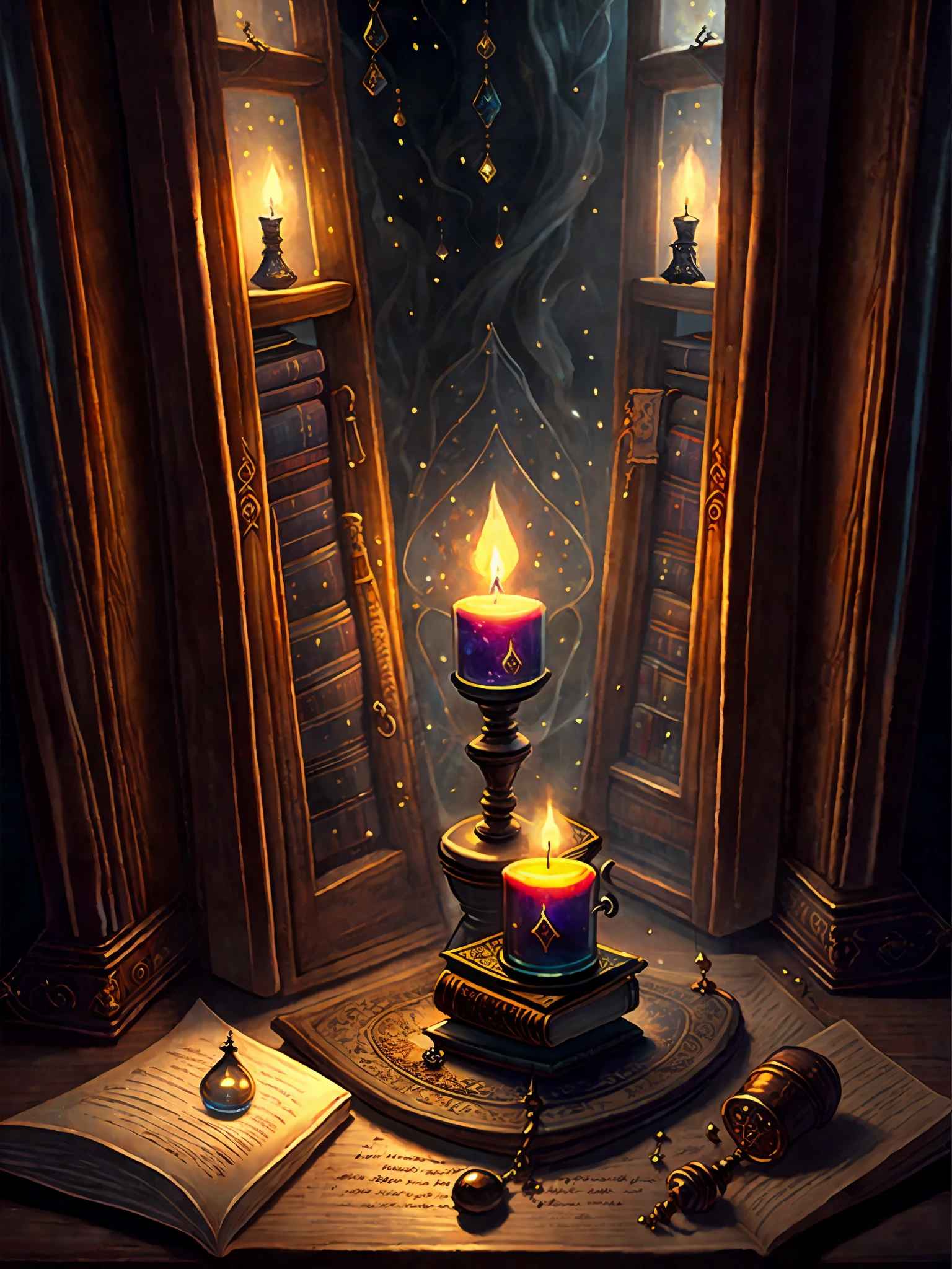 A table with lots of books next to the window, dark fantasy digital art, cat witch oil painting, holding spell book, black background pinterest, casting spells on potions, lab, ominous atmosphere, dripping candles, dusty library, alchemy, earth magic, hecate